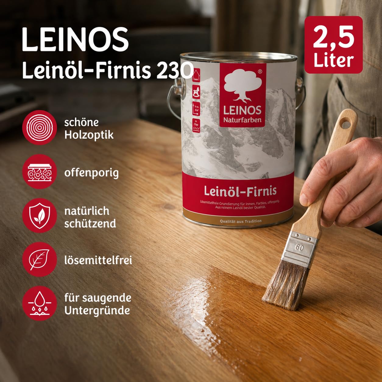 Leinöl-Firnis – Biologischer Holzschutz, farblos, innen & außen, 2,5 L | Holzschutz für Möbel, Türen & Zäune | natürlicher Firnis, Holzpflegeöl für den Außenbereich | wetterfest, lösemittelfrei