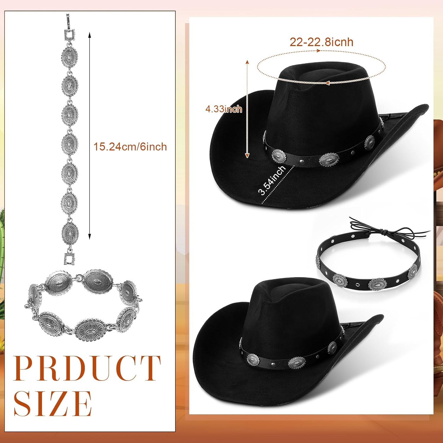 5 Pcs Classic Western Jewelry Set Cowboy Hat Western Belt Suede Hat Vintage Necklace Pendant Earrings Bracelet - Image 3