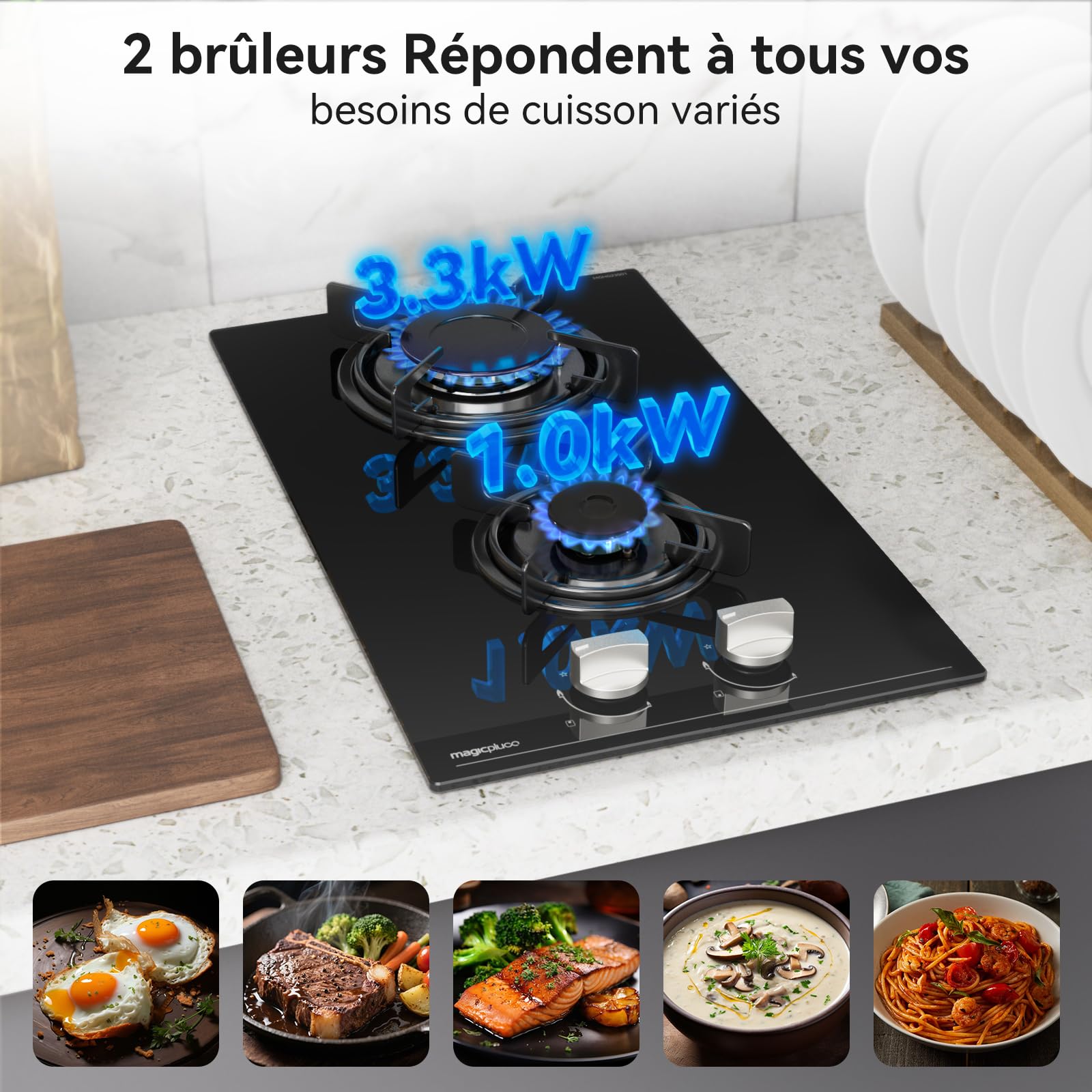Magicplux Plaque de Gaz 2 Feux Encastrable 30cm, Table de Cuisson Gaz 4300W, Verre Noir