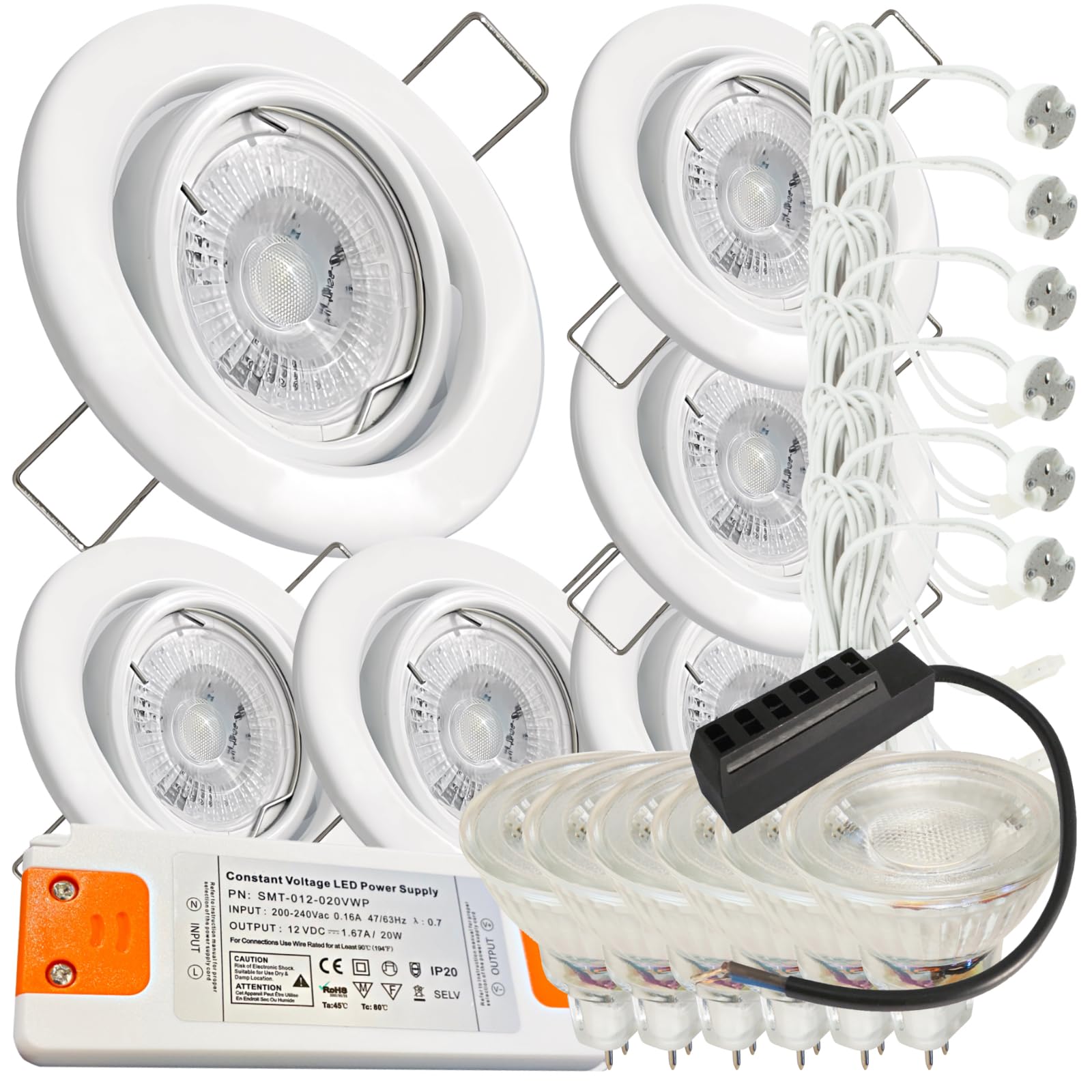 6er Set LED Einbaustrahler 12V – schwenkbar, 3W MR16, neutralweiß (4000k, 250 lm), inkl. Trafo & 120 cm AMP-Kabel, 55 mm Einbautiefe, für 65–75 mm Bohrloch, IP20 – für Decken im Wohnraum, Flur, Küche.