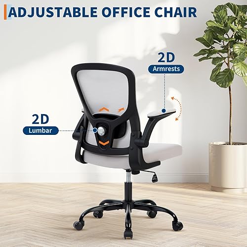 Miniatura 5 de Silla de oficina ergonómica de alta calidad de malla gris, altura ajustable, reposabrazos abatibles y soporte lumbar, cómodo asiento giratorio para