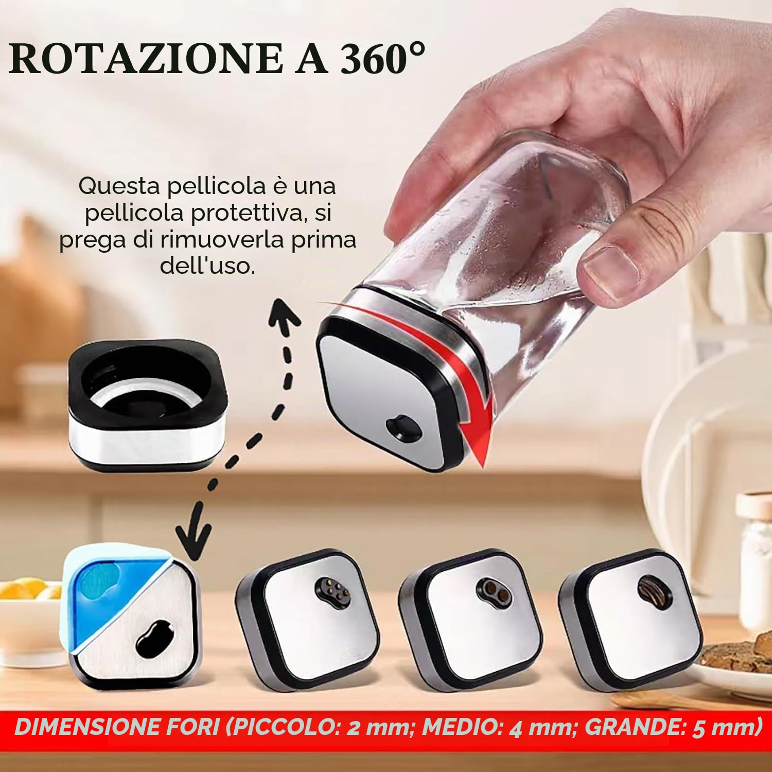 Scaffale per Spezie Rotante 360° a Doppio Piano, Acciaio Inox, 12 Barattoli 120ml, 3 Uscite di Dosaggio, Montaggio Non Necessario, Dispenser Spezie Girevole per Cucina