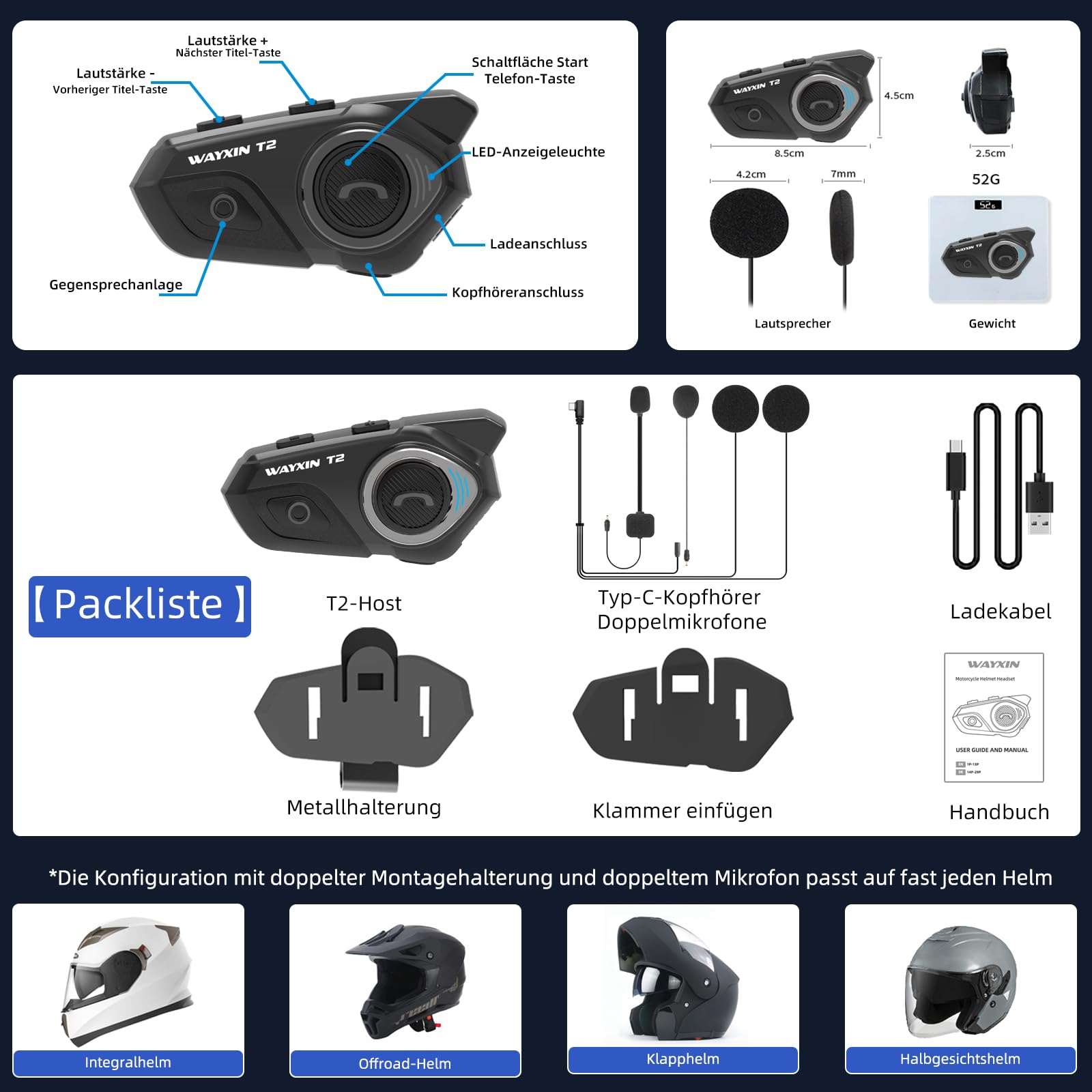 T2 Interfono Moto Auricolare 300M Sistema di Comunicazione con Wireless Bluetooth 5.1 IPX7 Impermeabile Cancellazione del Rumore DSP&CVC HiFi/Voce AI Interphone Casco Moto Auricolare