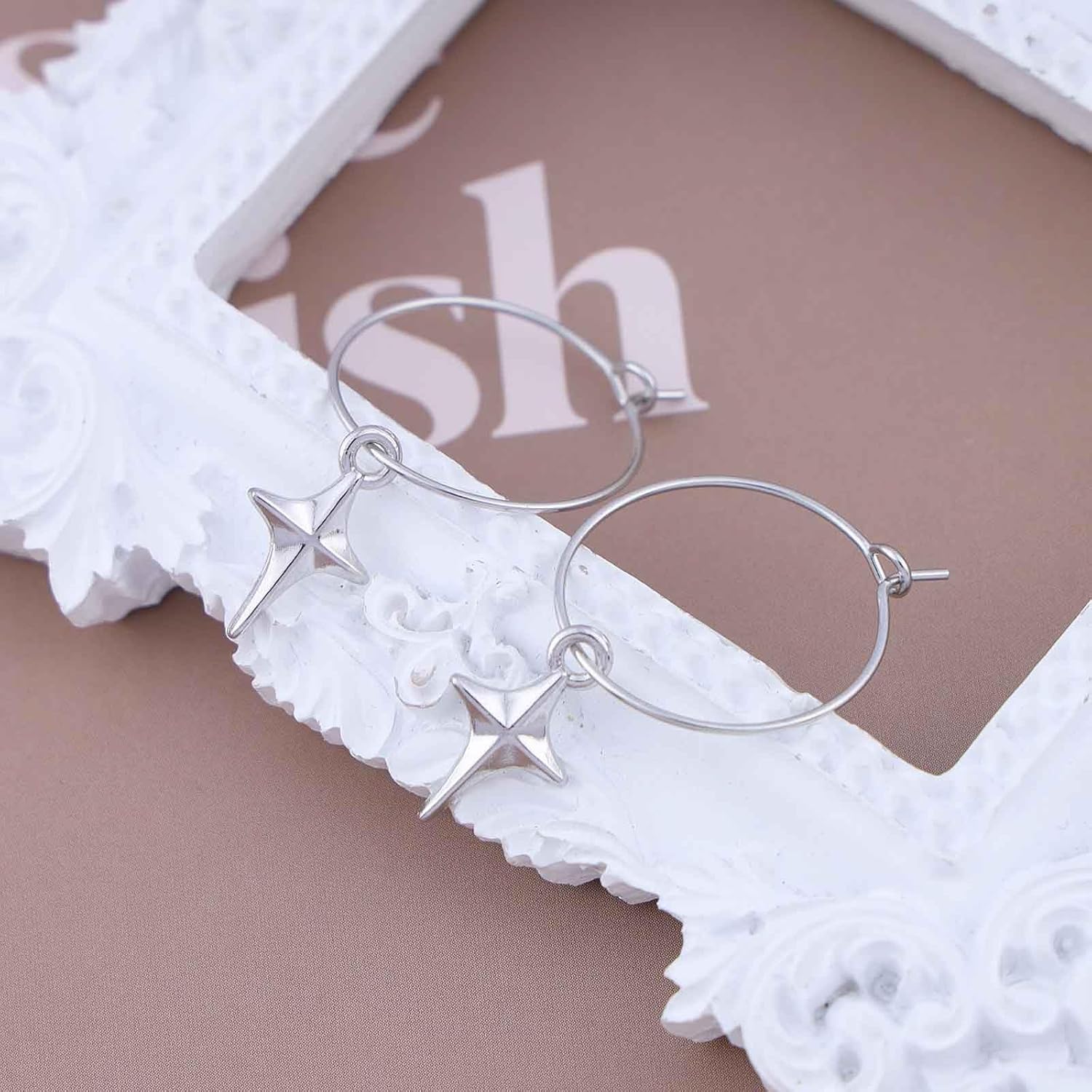 Boho Tiny Star Dangle Hoop Earrings Four Pointed Star Earrings Silver Star Drop Earrings Polish Star Huggie Earrings Jewelry for Women - Image 4