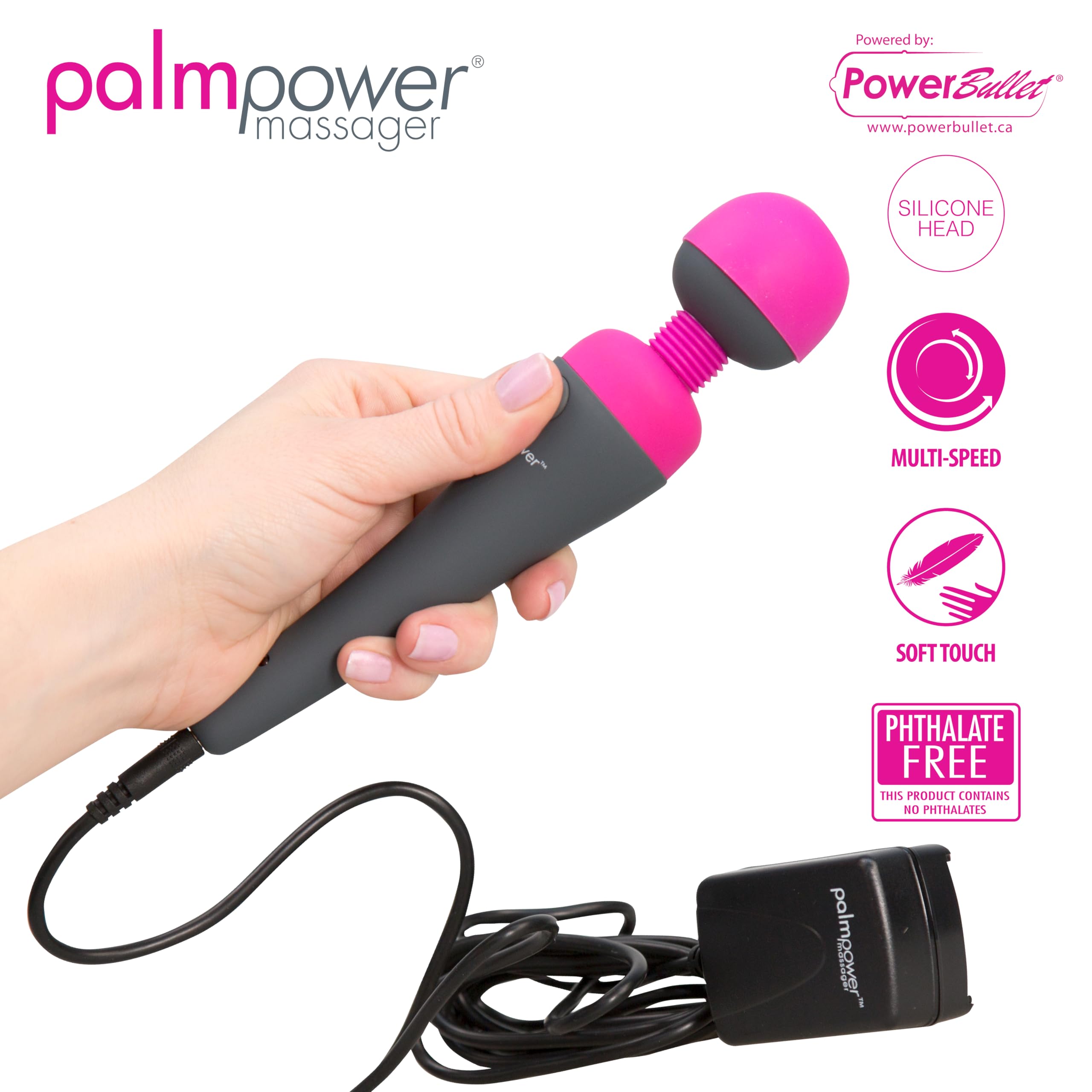 BMS PalmPower Massager Bacchetta da massaggio vibrante, alimentata a rete, ca. 18 cm, Ø ca. 3,5 cm, Rosa/Nero