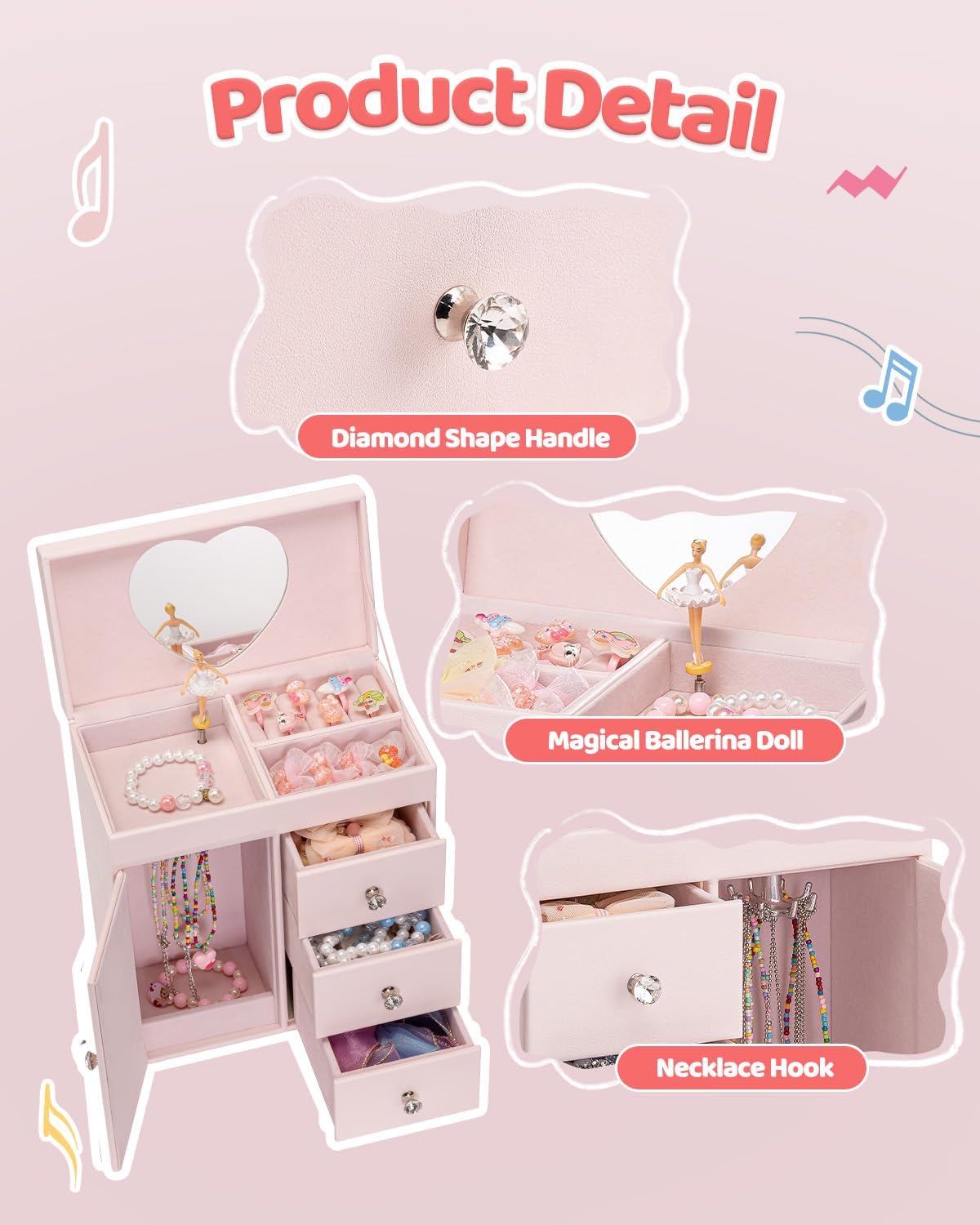 Vlando Musical Jewelry Box for Girls - Valentines Day Gift for Kid - Large Kid Music Box with Ballerina for Birthday Bedroom Decor, 4 Layer Girl Jewelry Gifts for Girls Kids - Light Pink