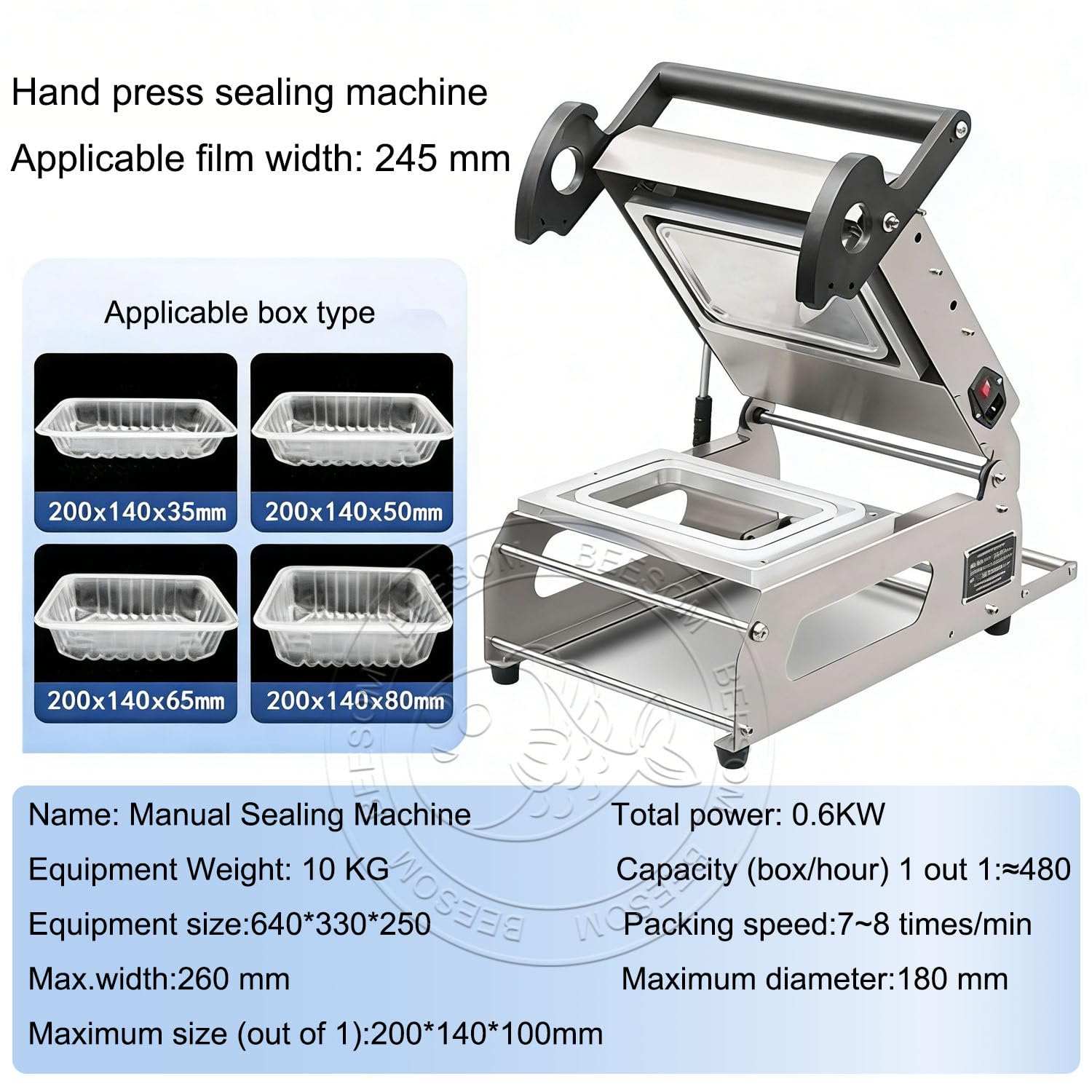 Sellador de bandejas a presión de mano comercial, máquina de sellado térmico, 7-8 sellos/minuto, acero inoxidable, para cajas para llevar, carne, pescado, alimentos cocinados, restaurantes