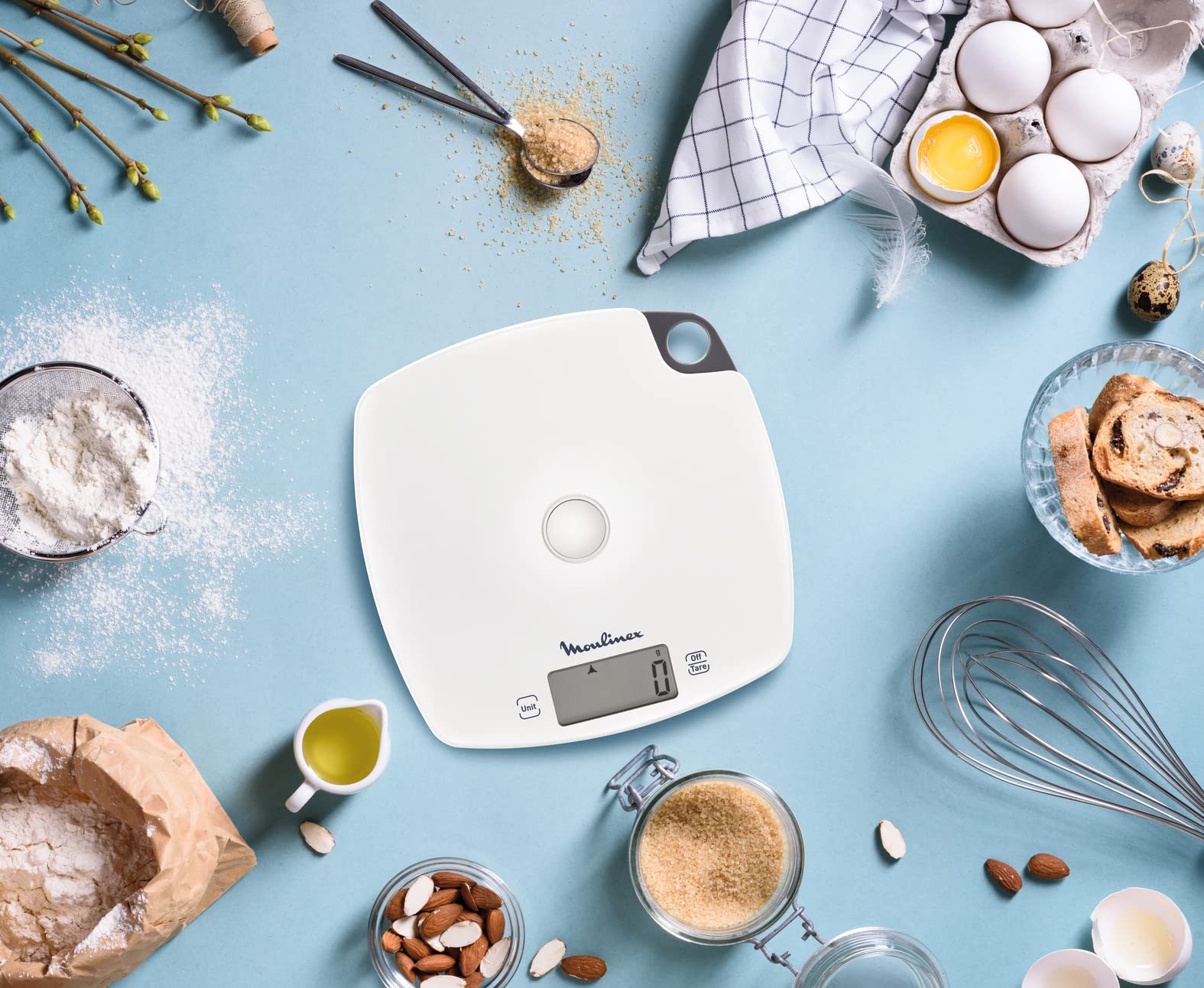Moulinex BN1000 Compliss - Báscula de cocina, capacidad de hasta 5 kg, pantalla LCD, función Tara, gancho para colgar, color blanco