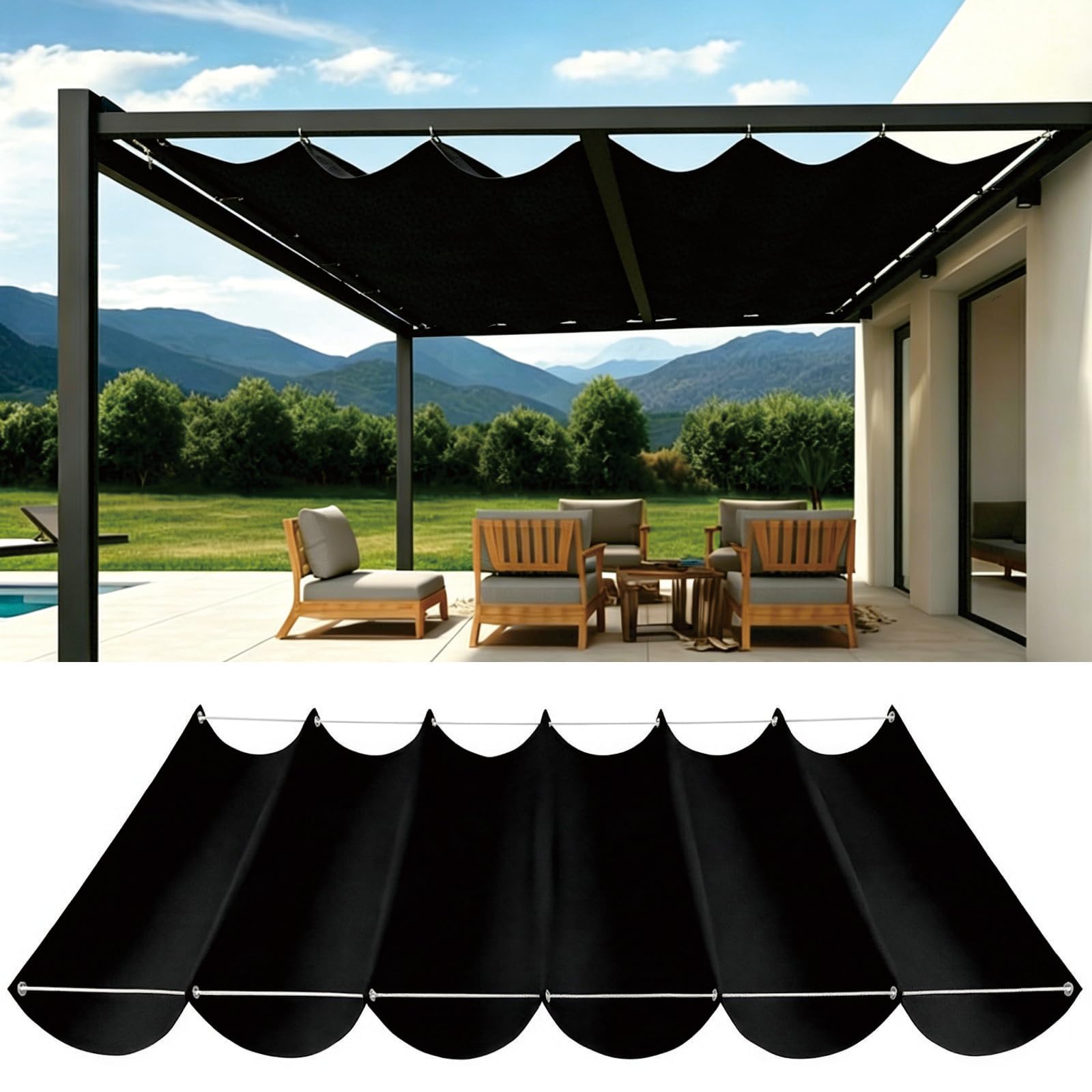 Auvent ondulé 285 x 505 cm noir avec œillets pour ombrager votre jardin