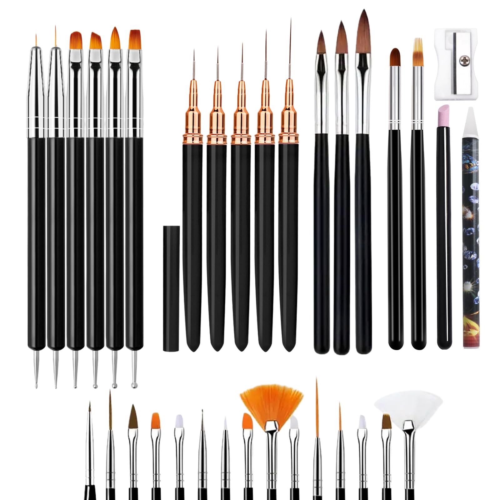 LIGHT RAIN 34Pcs Nail Art Brush Set - Complete Kit with Dotting Tool, Liner Brushes, Acrylic Brushes, Ombre Brush, Cuticle Tool, Rhinestone Picker Pencil for Beginner to Pro Nail Design