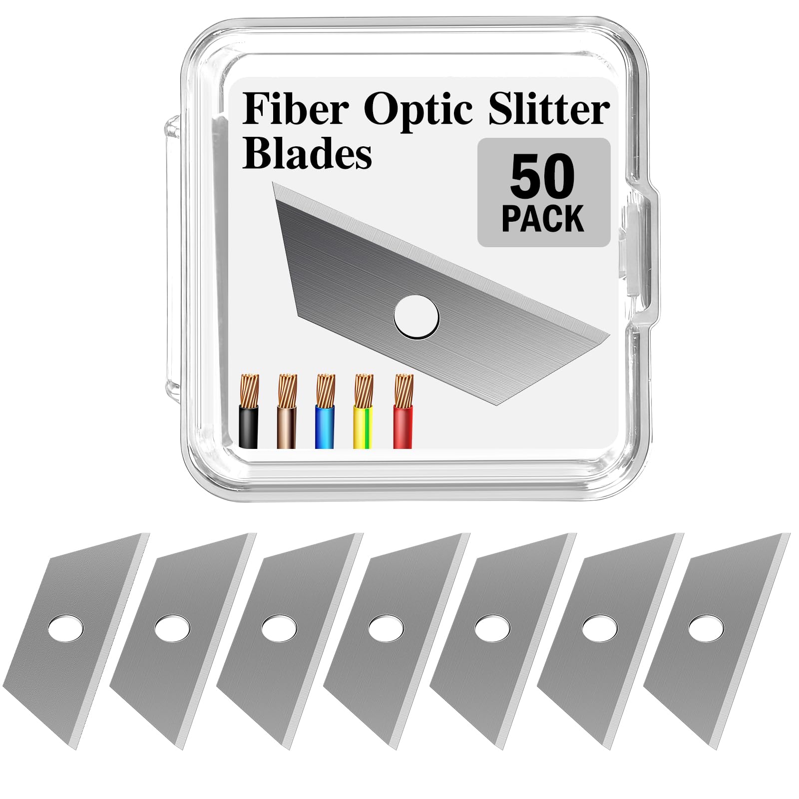 Lothee 50 Packs Replacement Blades Mini Fiber Optic Drop Cable Slitter Blades 1.21 Inches Trapezoid Single Hole Locking Blade High Precision Carbon Steel