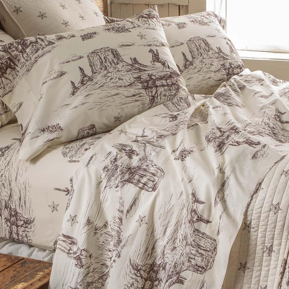 Rod's Tumbleweed Trail (Sheet Set) - Vintage Western Cowboy Toile- Brown Cream - 3 Piece Twin Sheet Set - Top Sheet (66x96in) - Fitted Sheet (39x75x15in) - One Pillow Case (20x30in) - Cotton