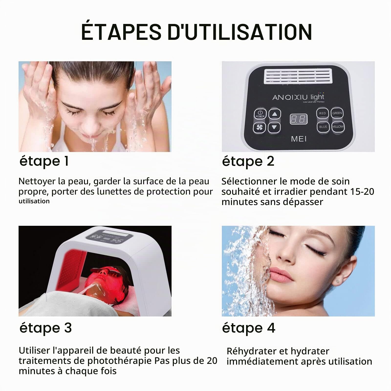 Masque facial LED PDT Photon Therapie Lampe de soin de la peau - 7 couleurs, puissance 32 W, anti-âge, rajeunissement de la peau