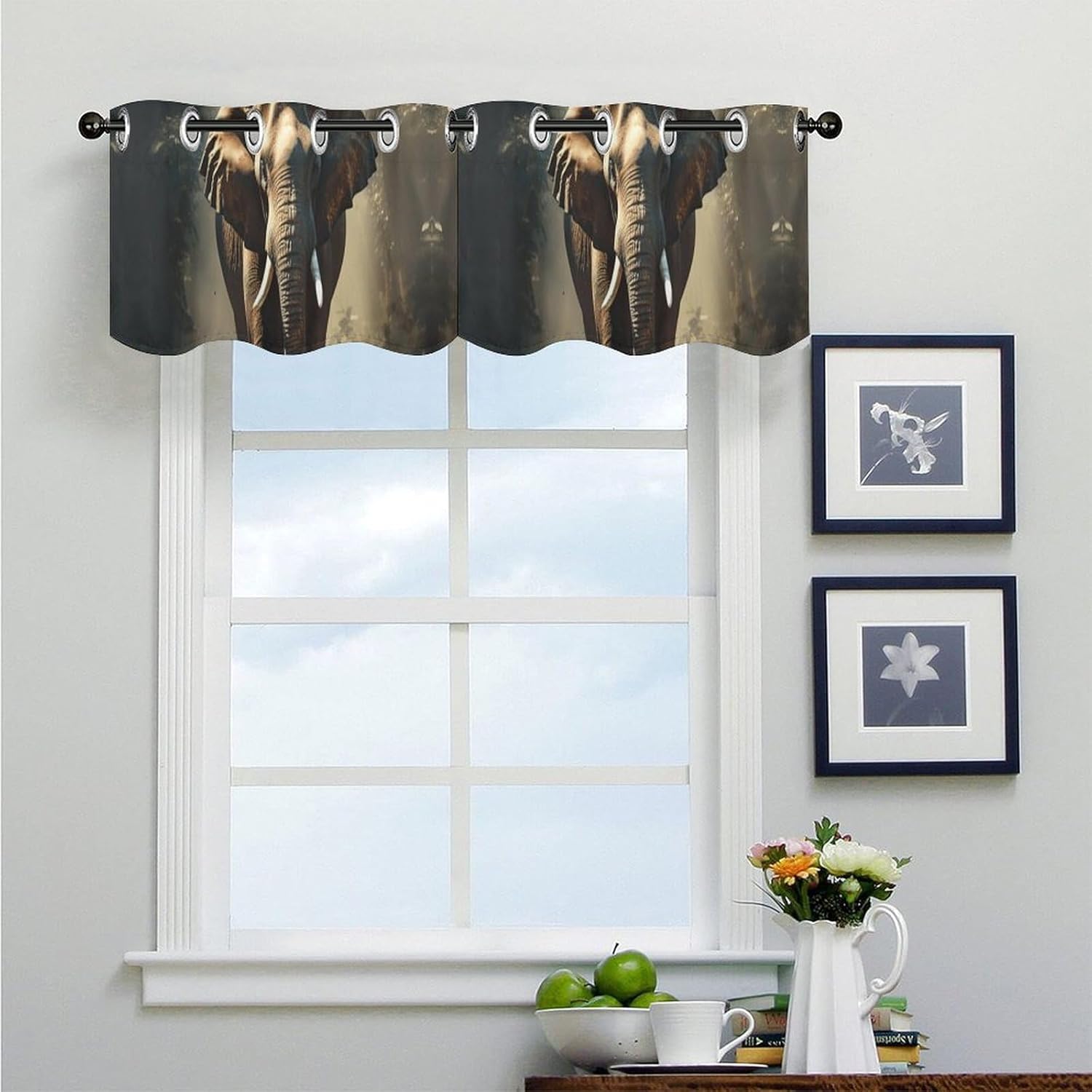 Elephant in The Forest Valance for Windows, 2 Pack Kitchen Curtains Modern Home Decor, Soft Blackout Window Curtains for Living Room & Bedroom, 18 X 52 Inch