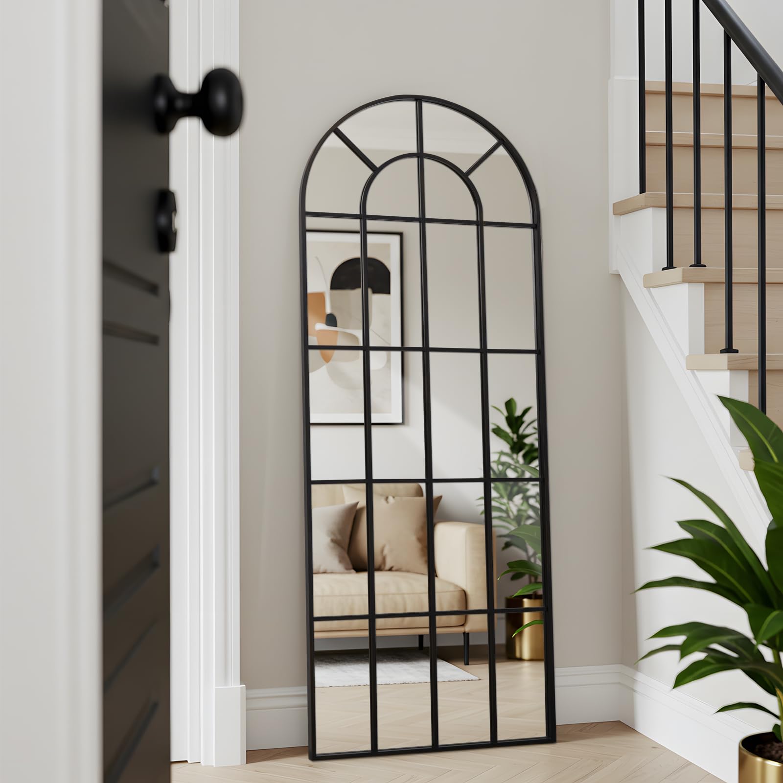 LunaMirror 60x165 cm Window Mirror Full Length Black Aluminum Frame Arched Windowpane Wall Mirror for Indoor Living Room Hallway Entrance Outdoor Garden Decor