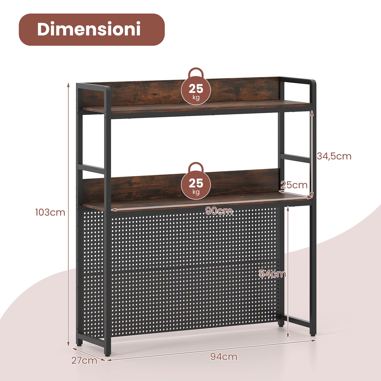 COSTWAY Libreria da Scrivania a 2 Livelli, Scaffale da Tavolo Industriale per Monitor di Computer Fino a 32", Organizzatore di Stoccaggio con Pegboard, per Dormitorio Ufficio e Casa, 94x27x103 cm
