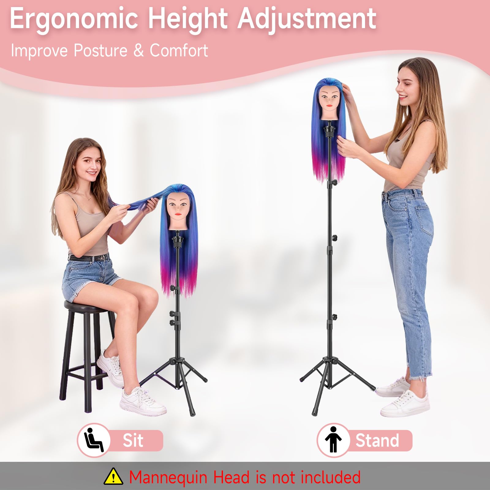 Yofuly Soporte para peluca de 55 pulgadas, trípode de ajuste de altura, cabeza de entrenamiento, cabeza de maniquí para cosmetología, peluquería y entrenamiento — view 3