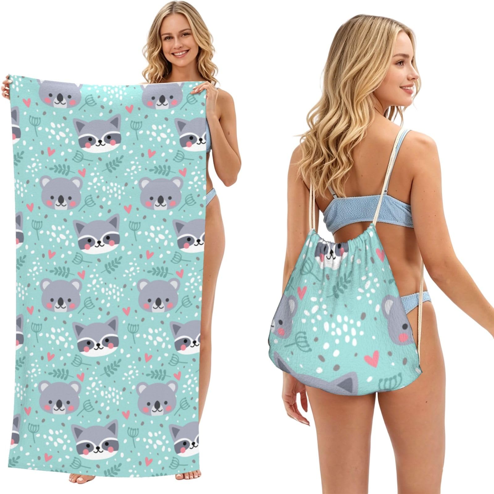 Poadnly As Picture Raccoon And Koala, 2 In 1 Packable Towel Bag, Beach Towels With Drawstring Backpack For Travel Holiday Camping