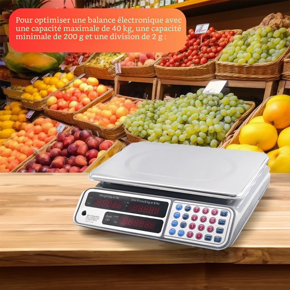 Balance électronique professionnelle 40 kg Haute précision, écran LED, plat en acier inoxydable, idéale pour l'alimentation et le commerce, batterie rechargeable