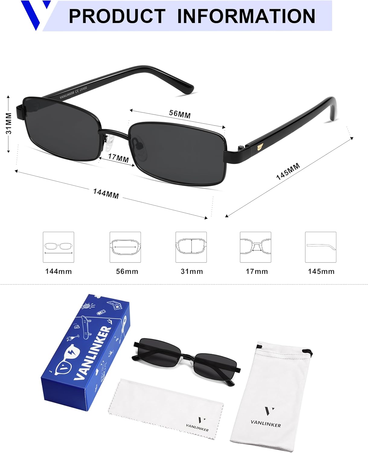 VANLINKER Retro Rectangle Polarized Sunglasses for Women Men Small 90s Vintage Trendy Slim Narrow Rectangular Frame VL9684 - Image 5