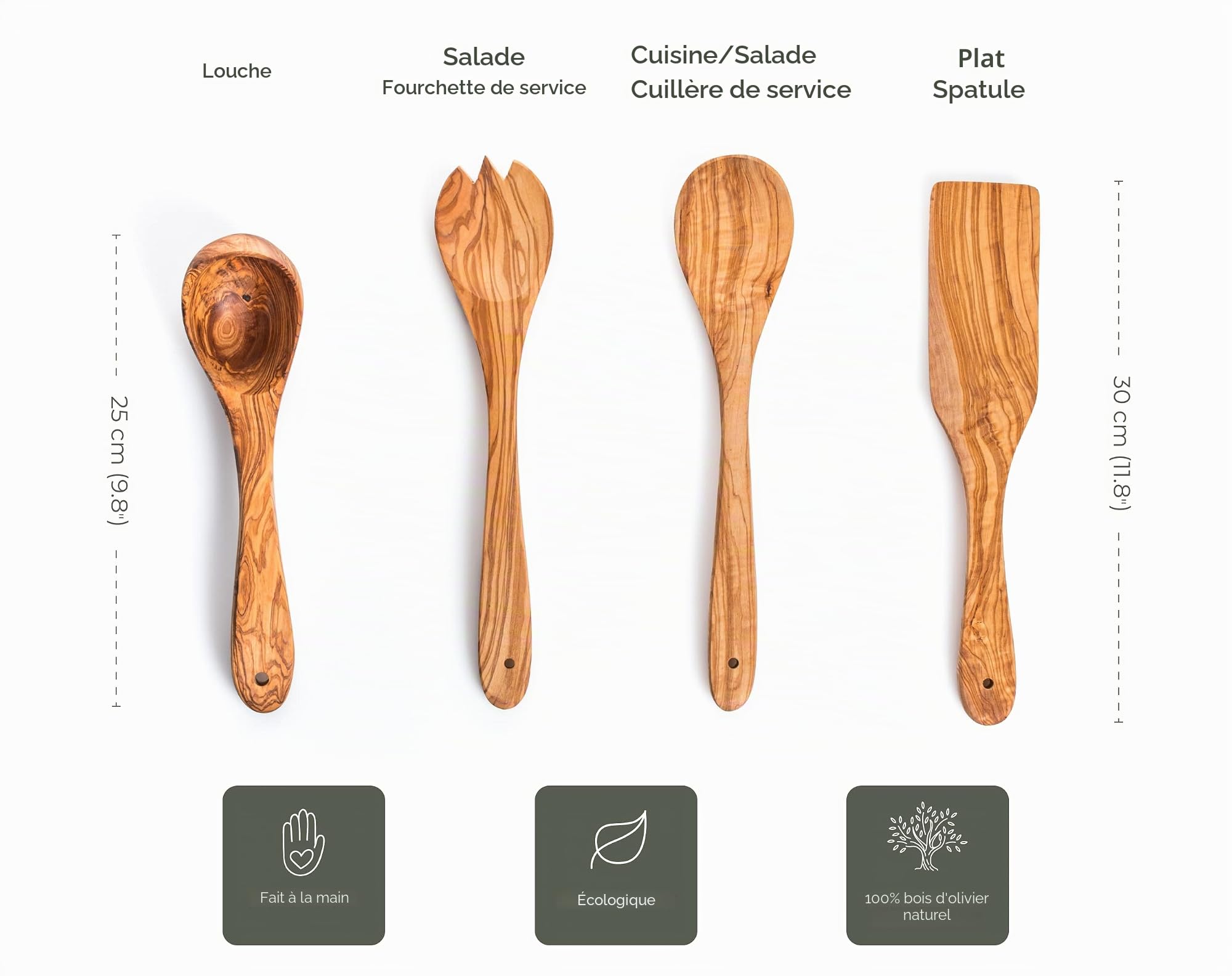 Cuillères de Cuisine en Bois Naturel d'olivier - Set de 4 - env. 30 cm - Fait Main - résistant à la Chaleur et aux Rayures - ustensiles de Cuisine - cuillère en Bois, louche, Couvert à Salade