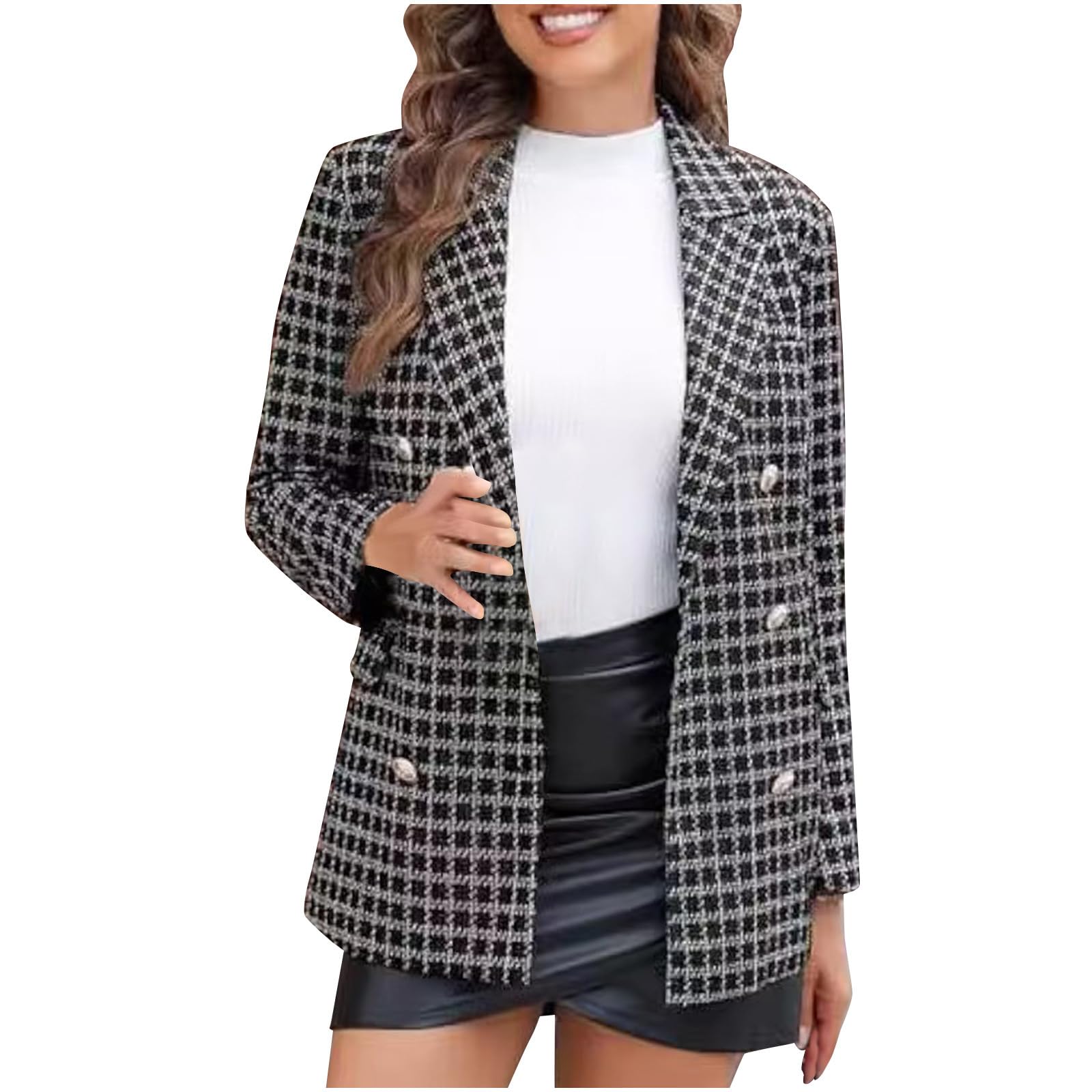 Tweed Blazers for Women Business Casual Long Sleeve Double Breasted Jackets Open Front Elegant Work Office Suits