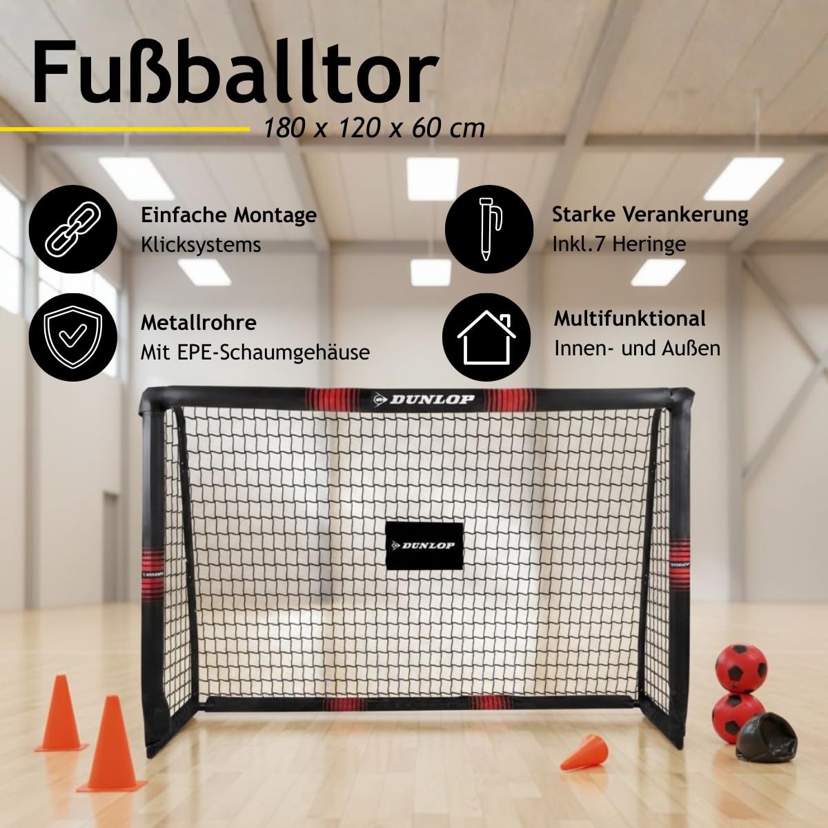 Dunlop Fußballtor - Fussballtor 300 x 200 x 90 cm - Fußball Tor - Fussballtore für Garten Kinder und Erwachsene - Fussball Trainingszubehör Innen und Außen - Metall - Schwarz/Weiß