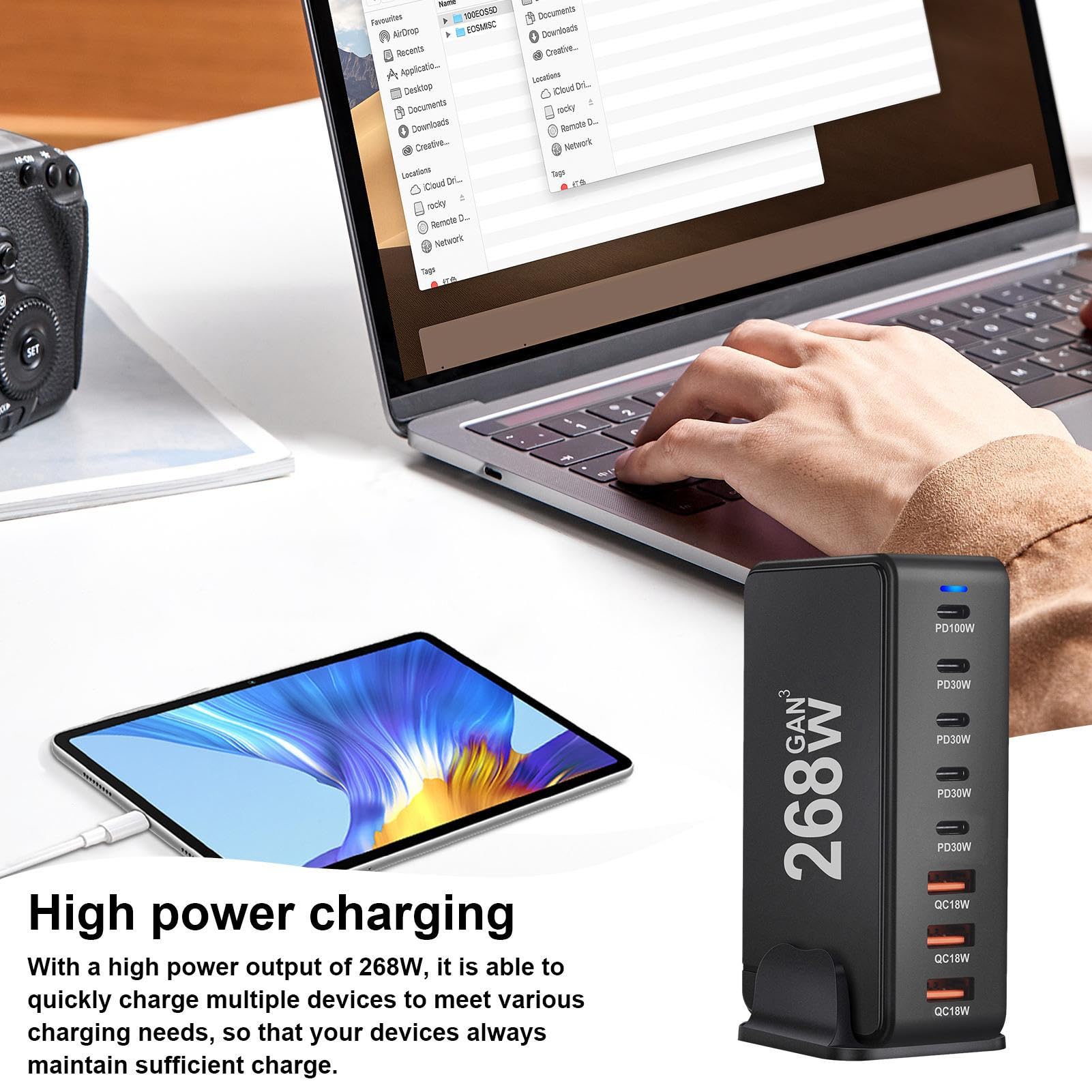 Cargador USB Adaptador de Carga Rápida con 8 Puertos | Cargador USB C 268W para Teléfonos Tabletas Portátiles y Dispositivos Electrónicos de Oficina en Casa