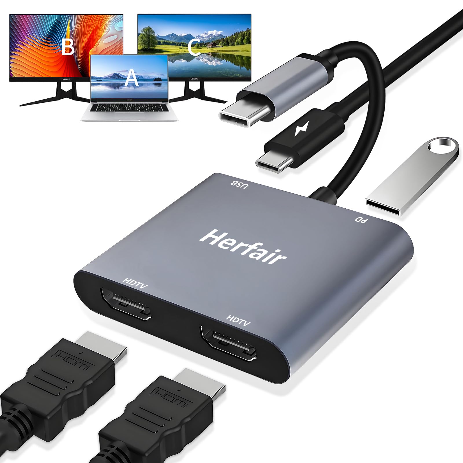 USB C to Dual HDMI Adapter,4 in 1 HDMI Splitter for 2 Monitors 4K@60Hz,USB 3.0,PD 100W,Type C to Dual Monitors Adapter Multiport Cable, USB C Hub 4K@60Hz for MacBook Pro/Air/iPad/Surface/Dell-picture-20