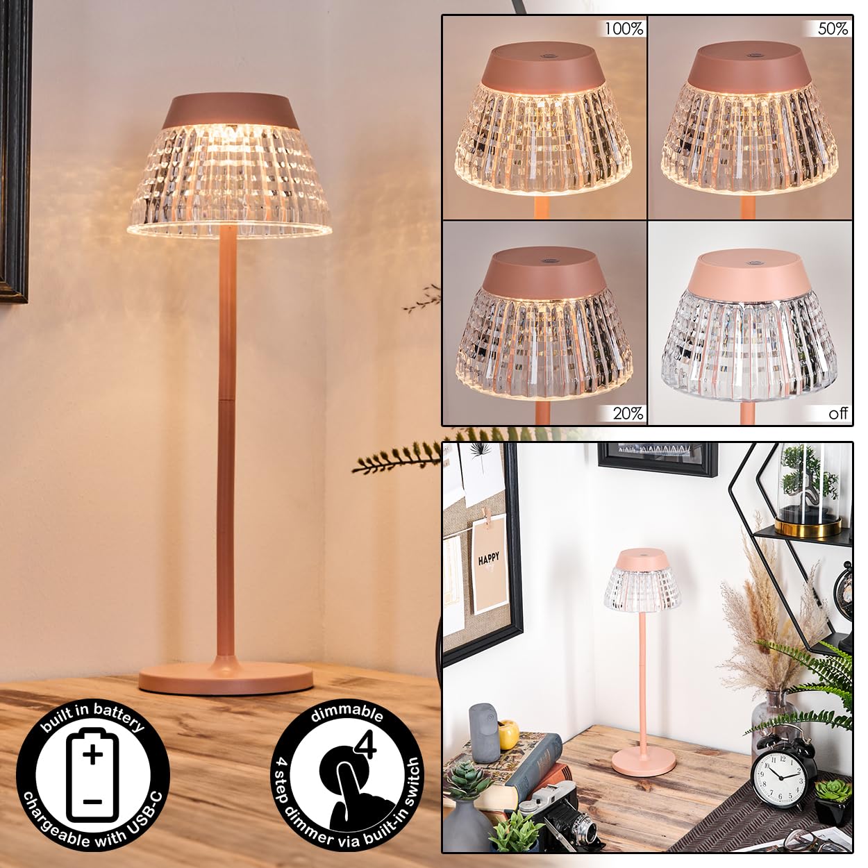 HOFSTEIN Lampe de table LED Macos, à intensité variable en métal/plastique rose/transparent, réglable avec variateur tactile, hauteur 38 cm, 1 watt, 100 lumens, salon, chambre à coucher, bureau