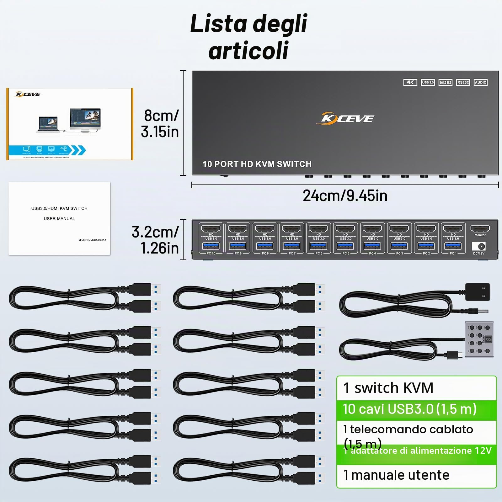 10 Porte 8 Porte KVM Switch HDMI 4K@60Hz Simulazione EDID, USB 3.0 10 PC Switch KVM Condividono 1 Monitor e 4 Dispositivi USB, Audio, RS232, Dotato Cavo Remoto, Alimentazione 12V e 10*Cavo USB