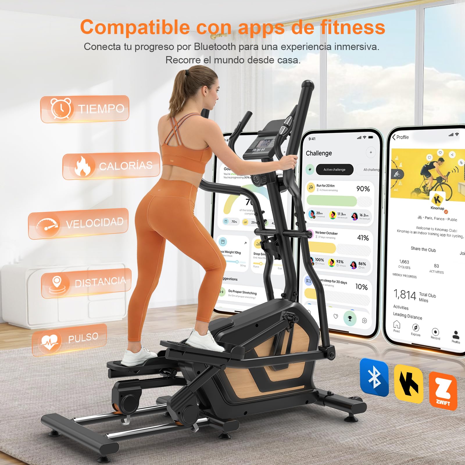 Neezee Bicicleta Eliptica 3 en 1, 16 Niveles de Resistencia, Volante 10kg | Bicicleta Elíptica Silenciosa con Bluetooth,Zancada 45cm,Peso Máx 150kg, Sensores de Pulso,Pantalla LCD, Soporte para Móvil