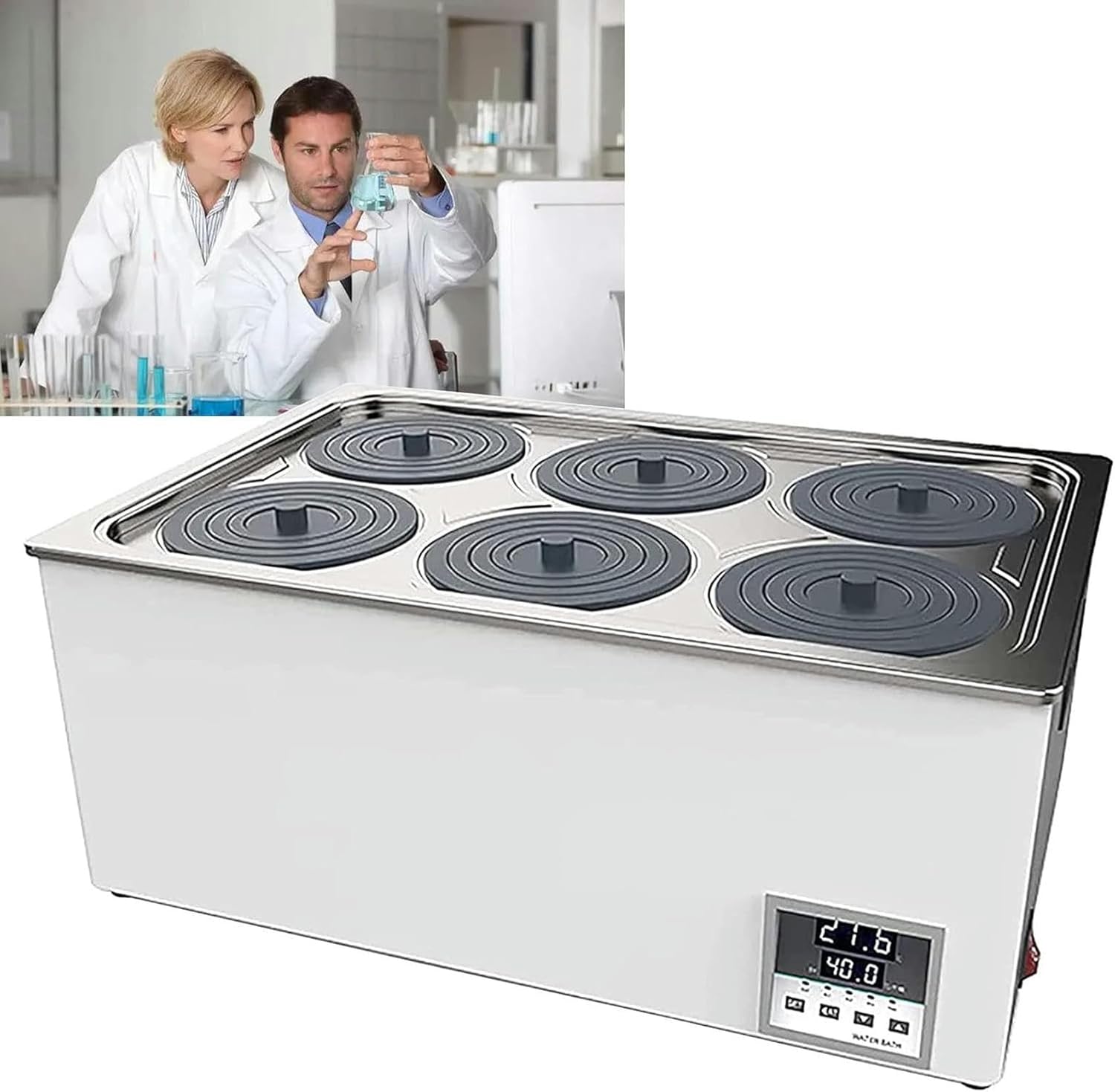 FLTRGO Six Holes Lab Digital Thermostatic Water Bath, RT 5 to 99.9°C, with Digital Display and Protective Cover Lid for Lab Use, 360° Cycle Heating