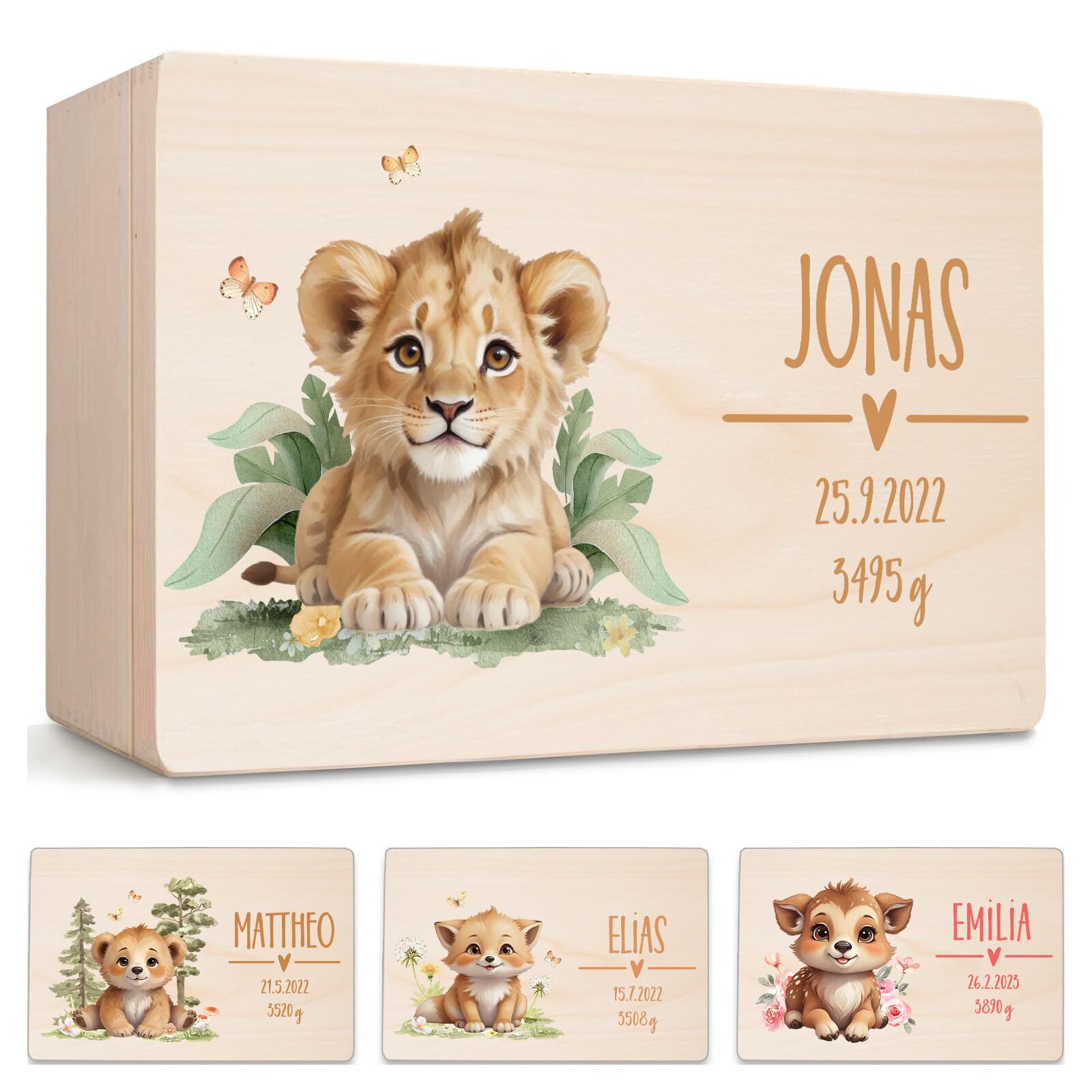 Little Deco Erinnerungsbox Baby Holzkiste mit Dschungel Löwe | L - 40 x 30 x 22 cm | personalisiert mit Namen Geburt & Taufe für Mädchen und Jungen XHL1010-03L