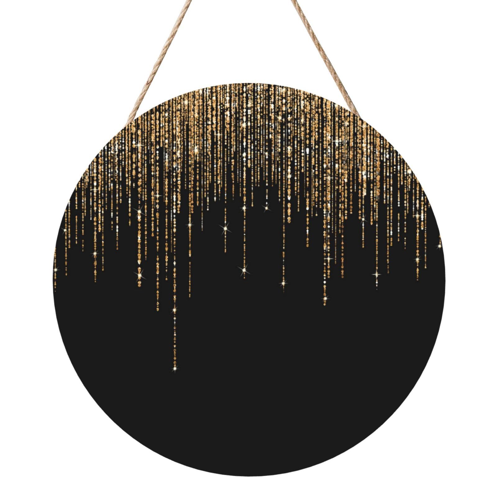 InOmak Black Gold Sparkly Glitter Fringe, Round Wood Panel Painting 12 in, Wall Hanging Painting For Home