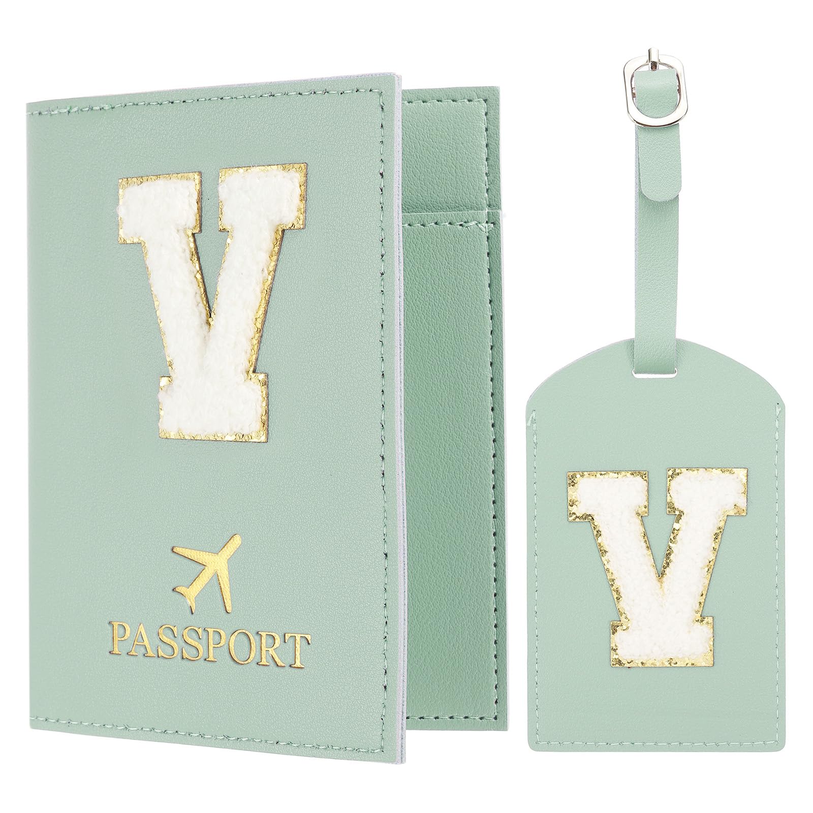 Passport Holder for Travel, Initial Passport Cover and Luggage Tag Set with Alphabet Chenille Letter Patch Travel Wallet Bag Suitcase Identifier for Women Family Travel Green V, Green, Modern-image-22