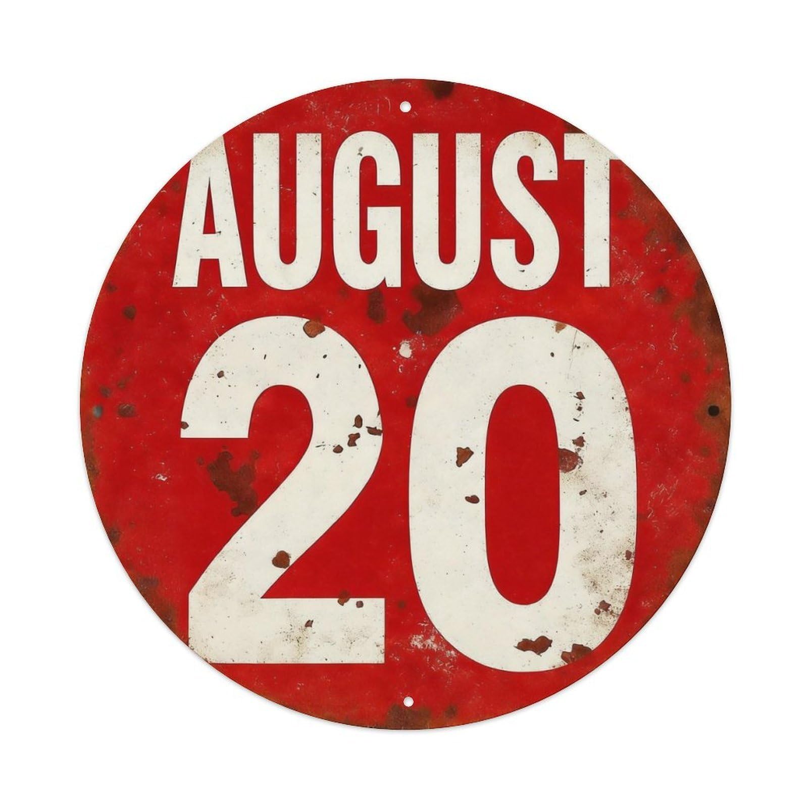 August 20 Red Circle Sign Round Tin Sign Vintage Metal Poster Retro Bar, Home, Man Cave, Kitchen, Laundry Room Wall Art Decor Gift 8x8Inch