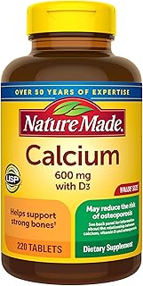 Nature Made Calcio 600 mg con vitamina D3, suplemento dietético para apoyo óseo, 220 tabletas