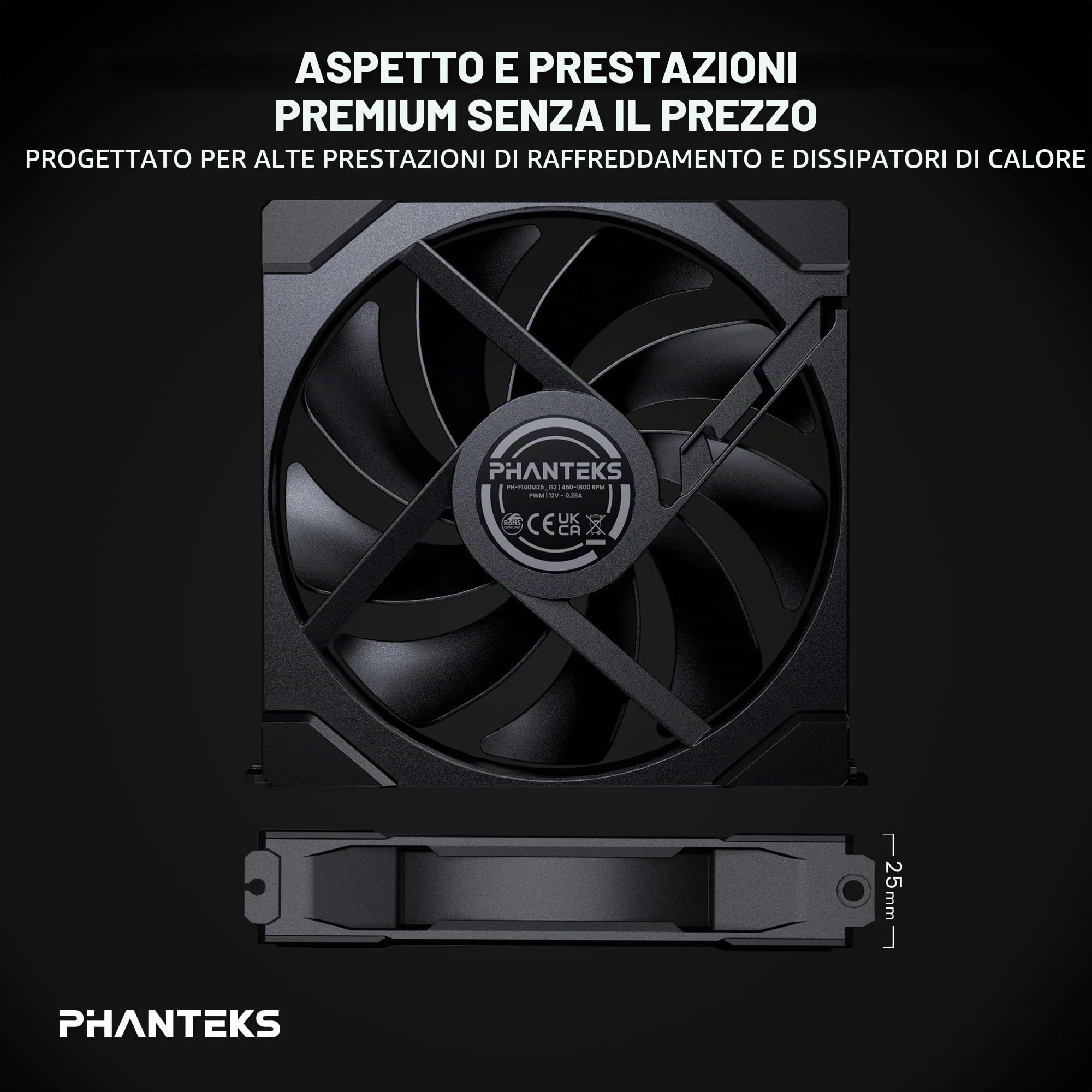 Phanteks M25-140 Gen2, 3er Pack, telaio ventola unificato a Daisy Chain, ventola di raffreddamento ad alte prestazioni PWM da 140 mm, Nero