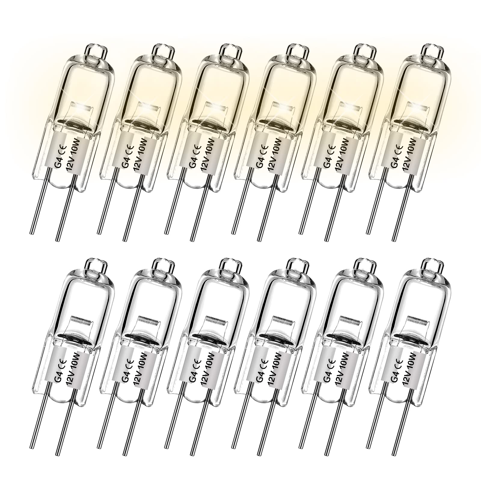 JCRNBU G4 Halogen Light Bulbs 12 Pack Long Life Dimmable G4 Bulb 12V 10W 2 Pin Clear Capsule Warm White
