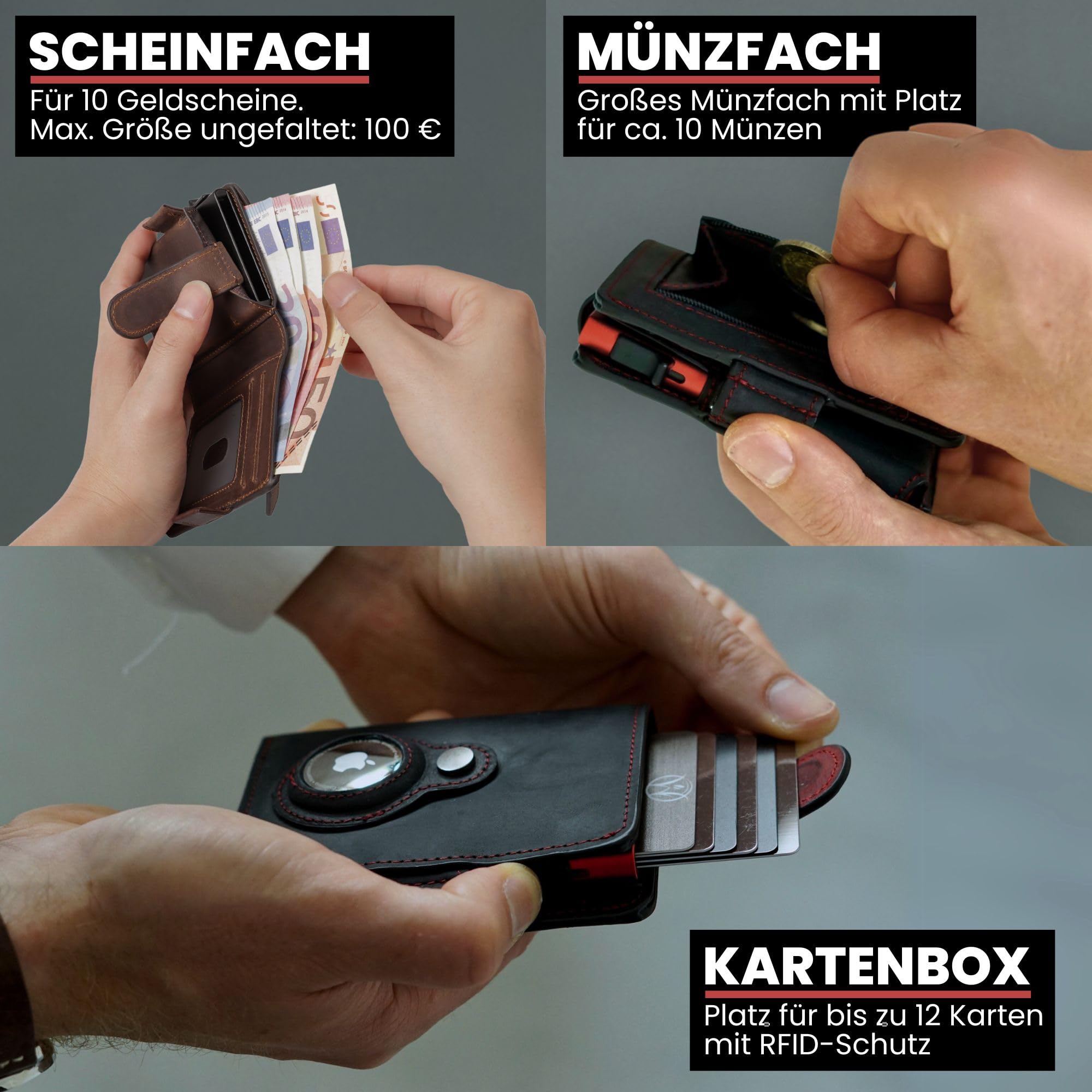 Will Fire® Smart Wallet Herren mit Airtag-Fach & Photokapsel | Inkl. Anhänger | Echtleder Airtag (1. & 2. Gen) Wallet mit Münzfach & Scheinfach | RFID Schutz | Bis zu 12 Karten | [Cognac]