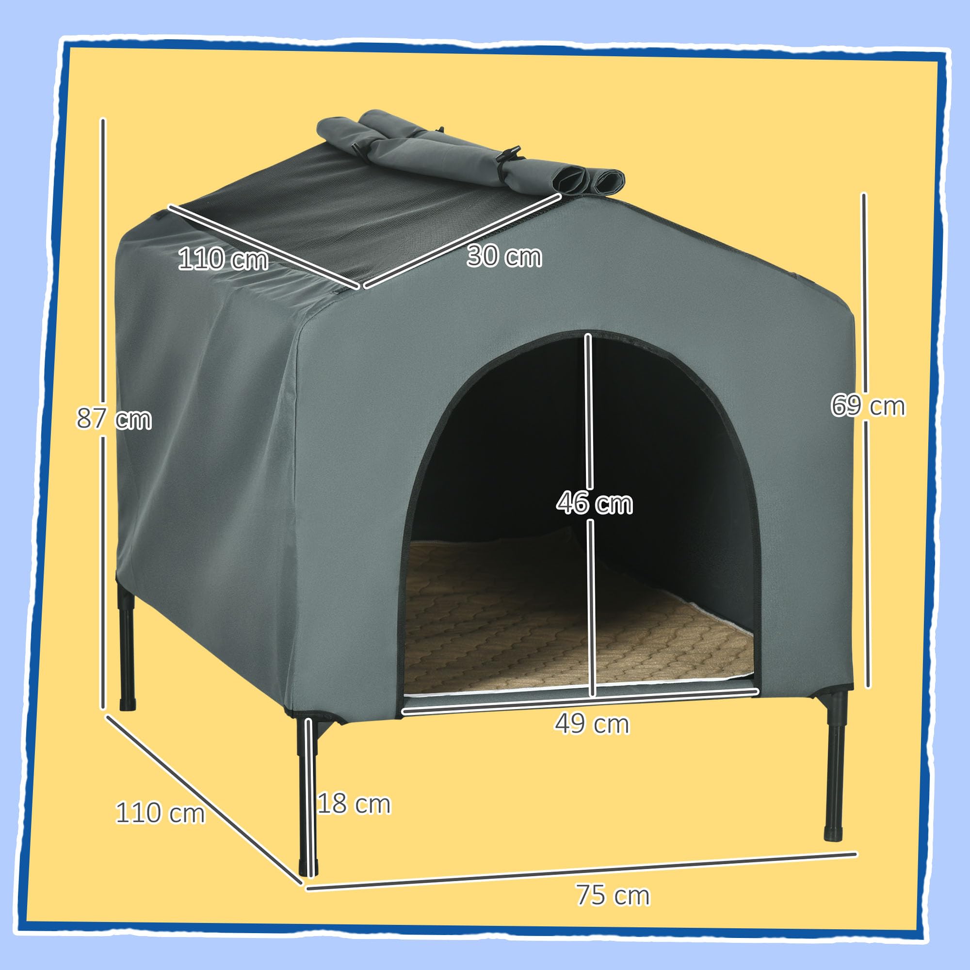 PawHut Caseta para Perros 130x85x95 cm Cama para Perros con Cojín Ventanas de Malla Enrollable y Cubierta Exterior para Perros Grandes Gris