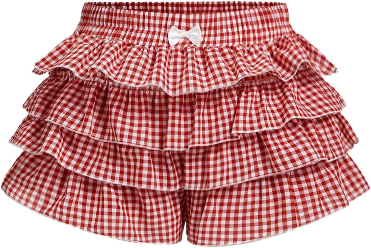 Verdusa Women's Plus Size Y2k Gingham Plaid Mini Shorts Tiered Layered Ruffled Shorts