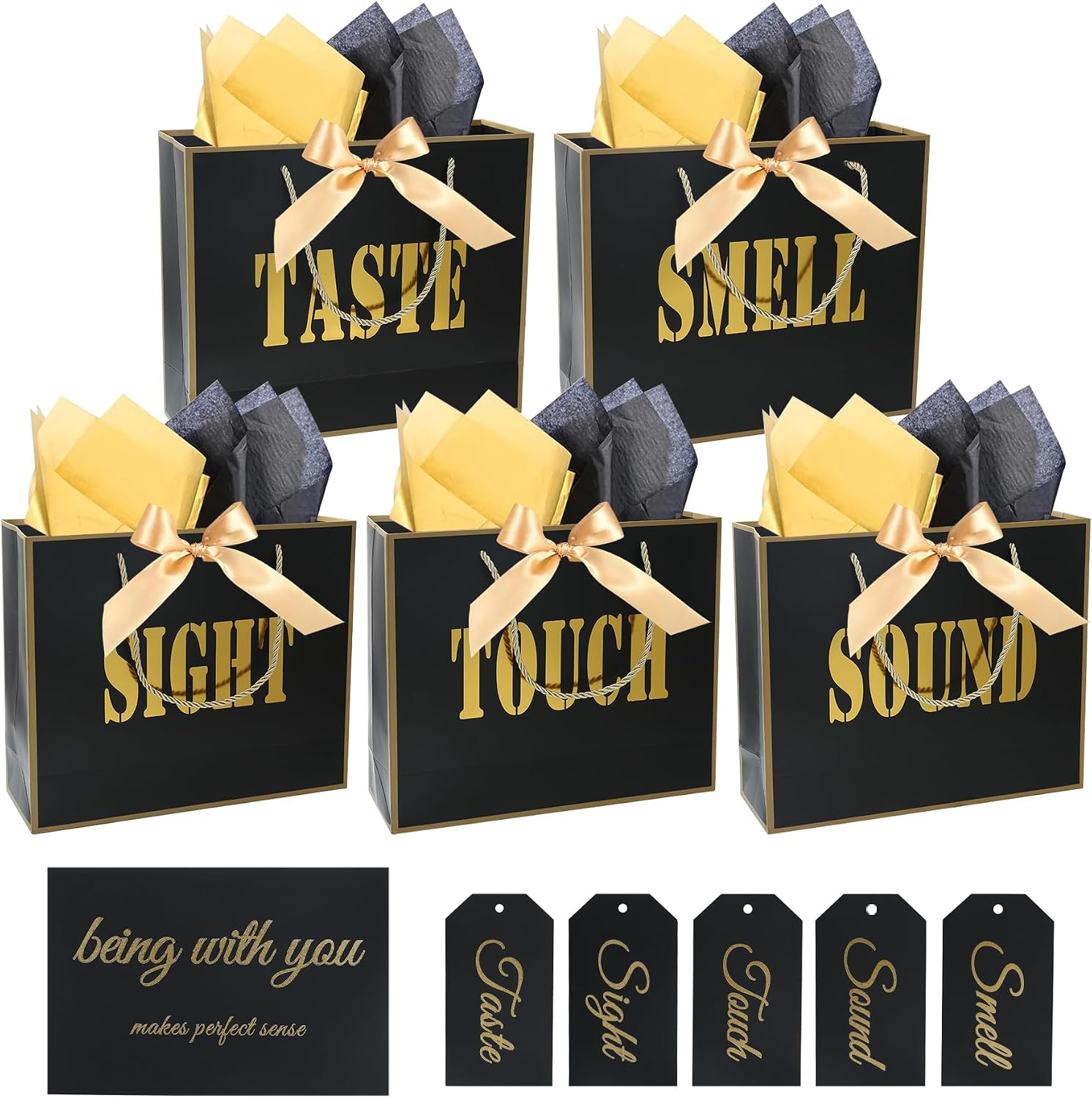 5 Senses Gift Bags for Him with Labels - Sight Smell Touch Taste Sound Gift Bags for Him Her, Elegant Senses Paper Sack with Ribbon Handle, Wrapping Presents for Birthday Wedding Anniversary Party (11.8 x 9.8 x 3.9 inch)