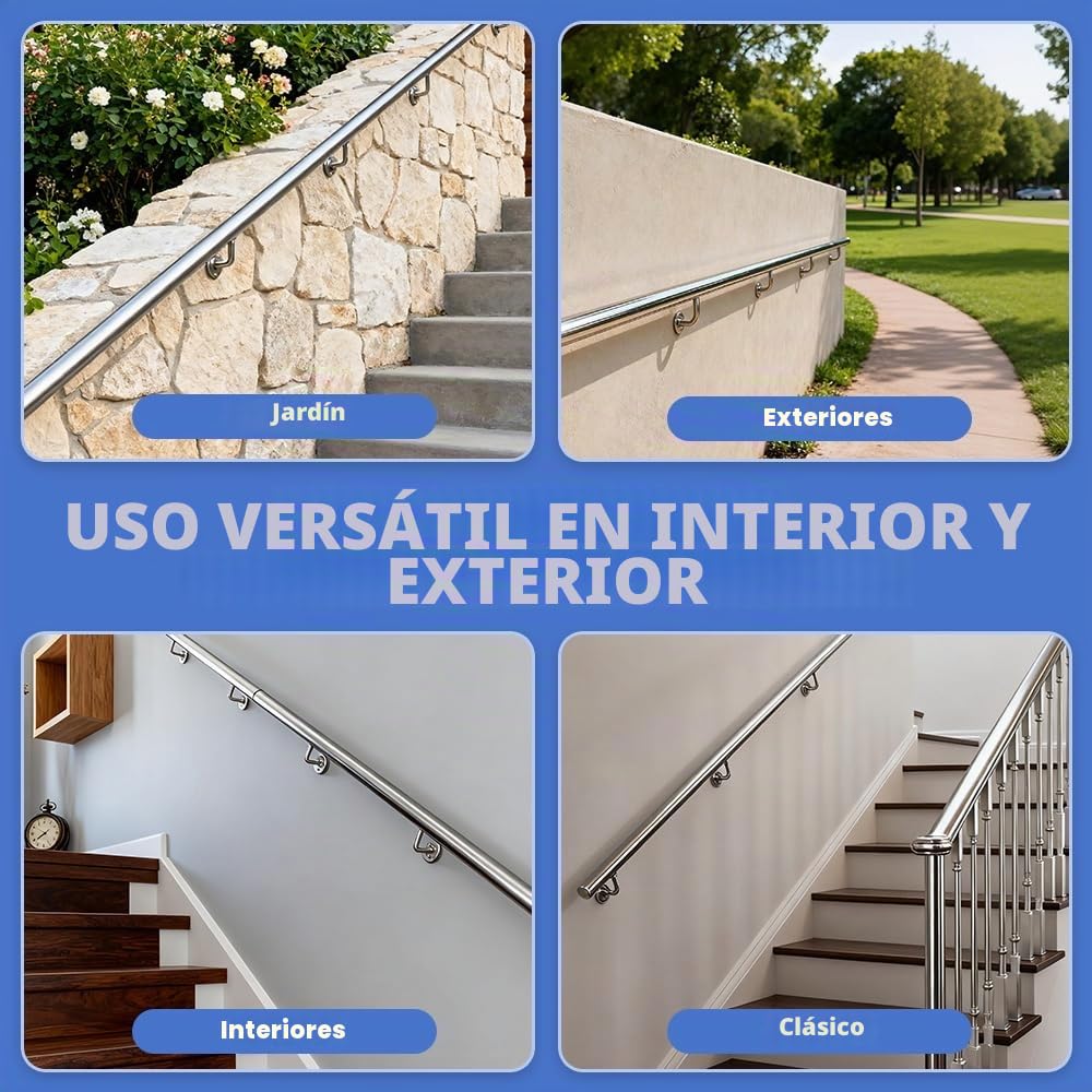 Pasamanos de Acero Inoxidable Magtctyae 200 cm Barandilla para Escalera Exterior Interior Escaleras con Soporte de Pared y Tapas Finales, Plata