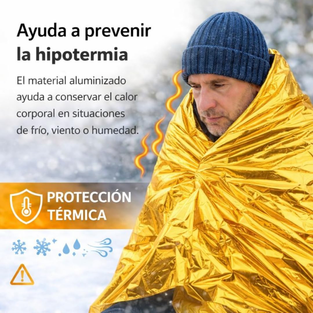 Manta Térmica de Emergencia Pack 10 Unidades – Manta Supervivencia Aluminizada Doble Cara Dorado/Plateado 210 x 130 cm – Prevención de Hipotermia para Coche, Montaña, Camping y Primeros Auxilios
