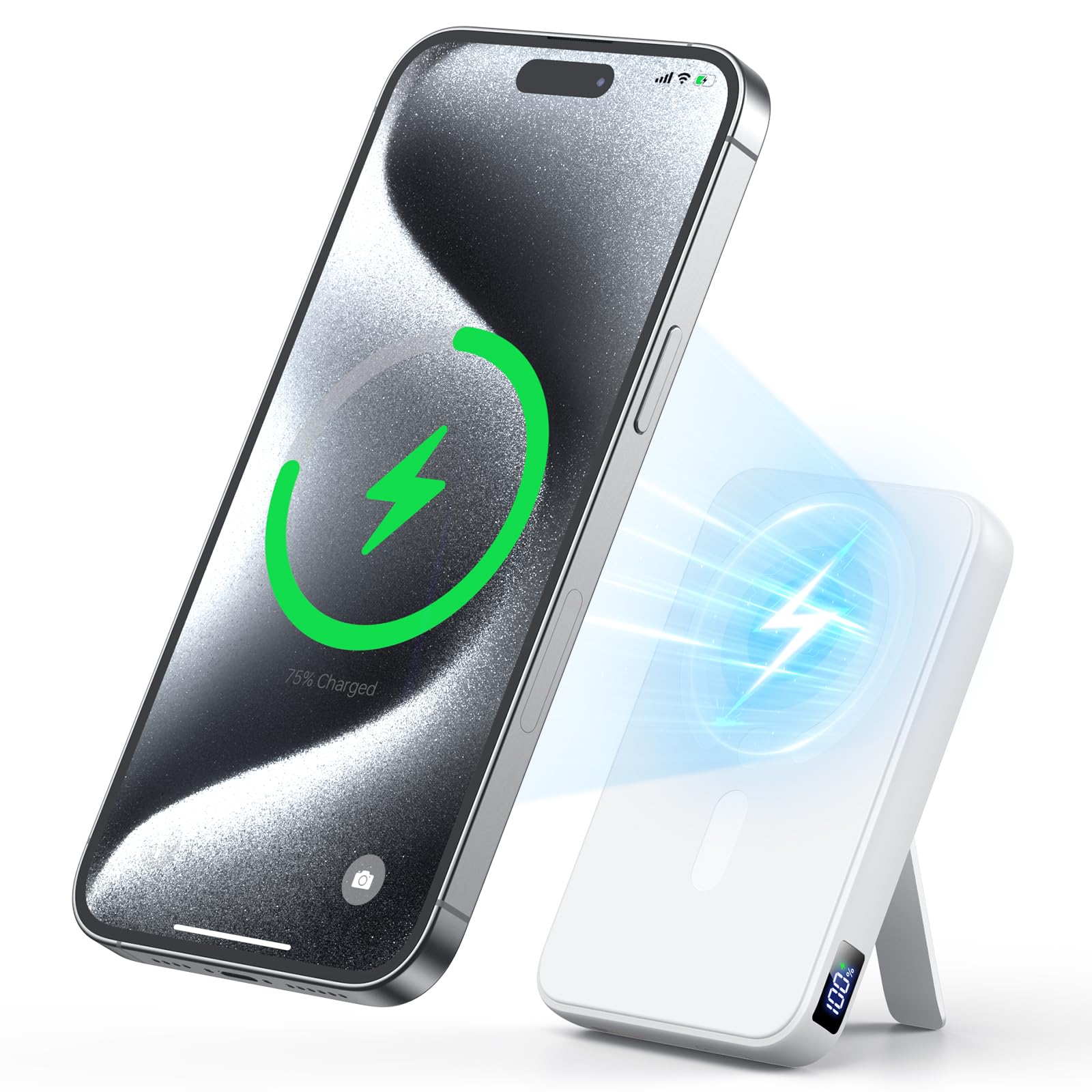 Kabellose Powerbank für Magsafe, 12000mAh Power Bank mit Klappbarem Standfuß, 22.5W PD USB-A Ausgabe, Powerbank mit Typ-C Eingang und Ausgang, LED-Anzeige für iPhone 17/16/15/14/13/12/Pro/Pro Max