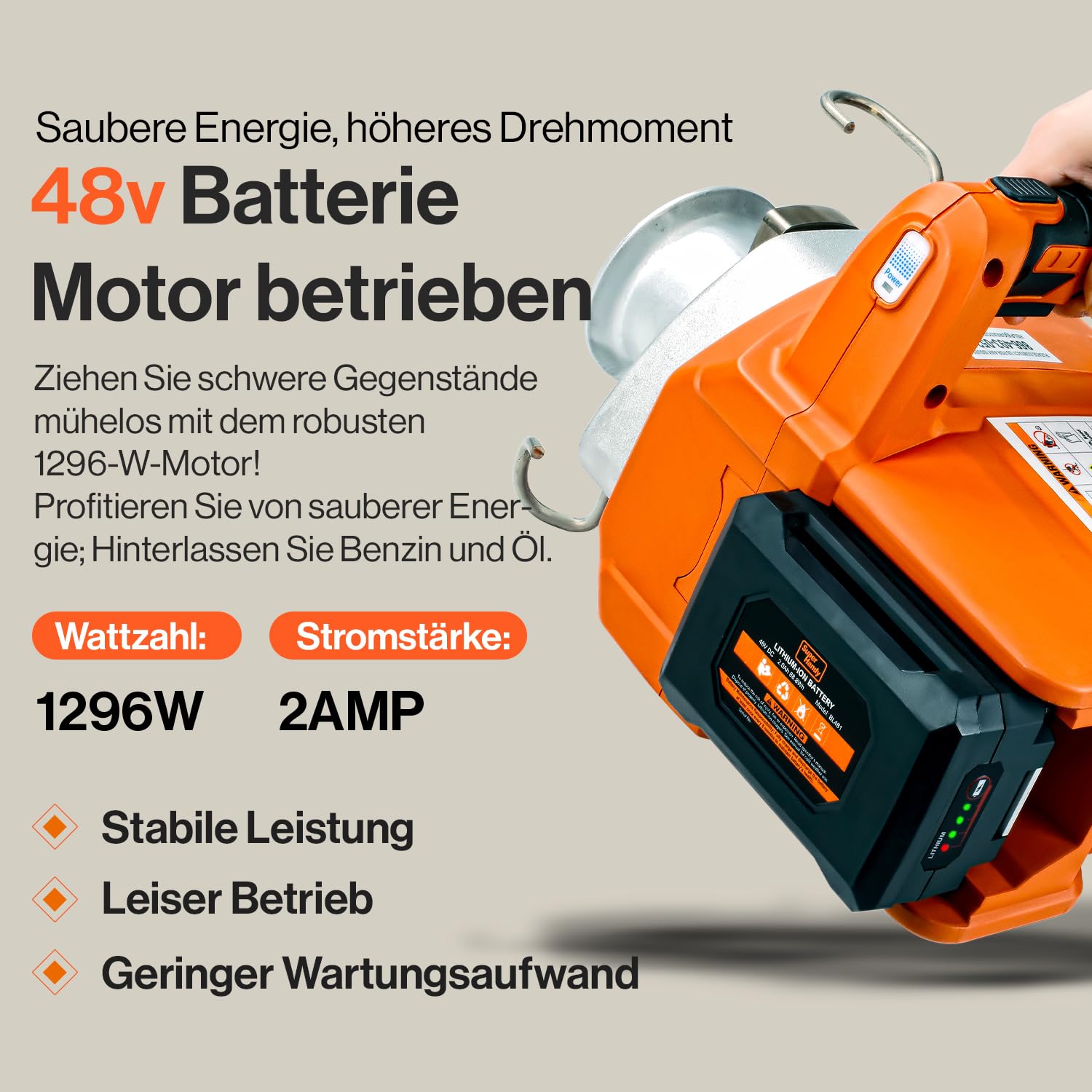 SuperHandy elektrische Spillwinde, 454–908 kg Zugkraft, Bürstenloser Motor | 48-V-Li-Ionen-Akku für kabellosen Einsatz; kompakt und mobil für Forst, Jagd, Gartenarbeiten und anspruchsvolles Gelände