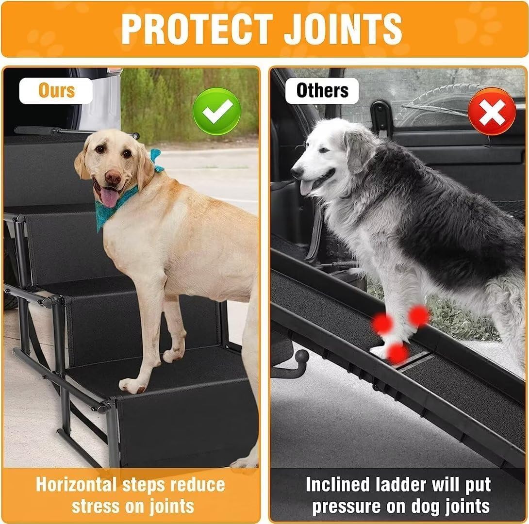 Foldable Dog Ramp Car Stairs Dog Ramps for Large Dogs Aluminum Frame 4 Steps Dogs Portable & Lightweight Pet Stairs Dog Stairs for Medium and Large Nonslip Pet Ramp for Cars Trucks and SUV