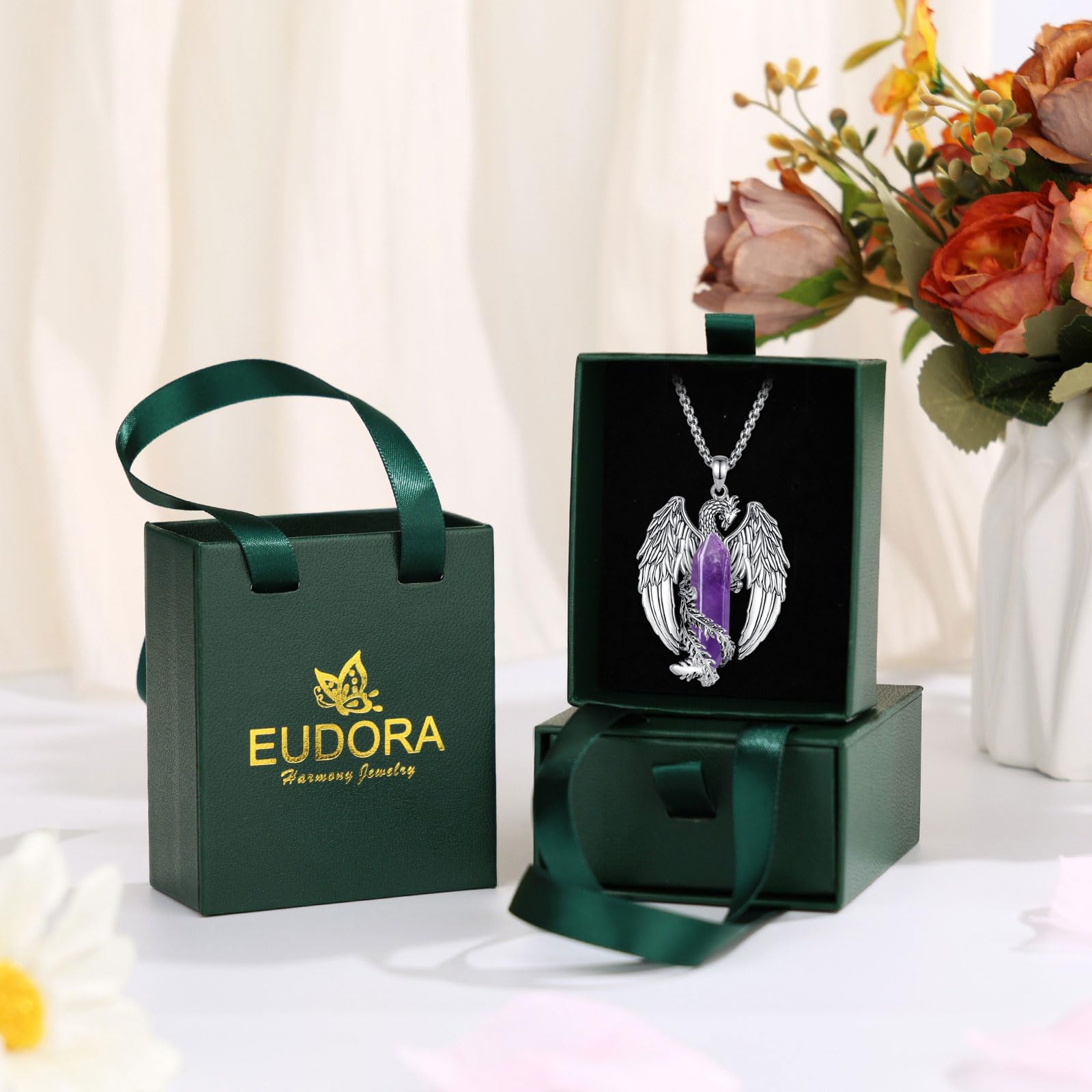 Collar Fénix con Obsidiana/Cuarzo Rosa/Turquesa Colgante Vintage Vikingo Fénix de Fuego Joyería Amuleto Cristal Collares Regalos Originales para Hombre Mujer, 20" + 2"